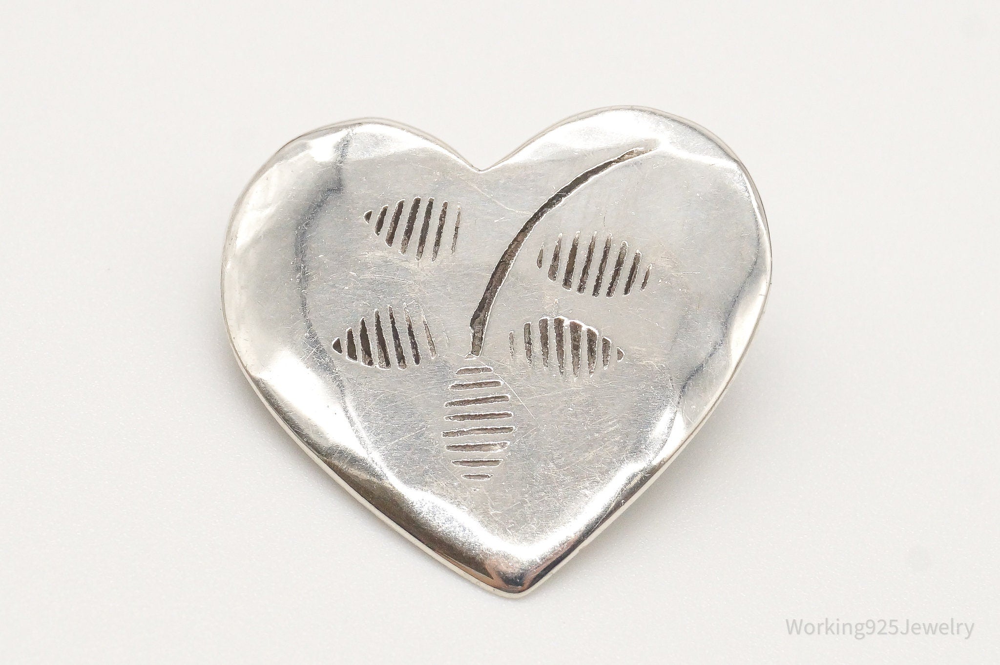 Antique Floral Leaves Heart Sterling Silver Brooch Pin