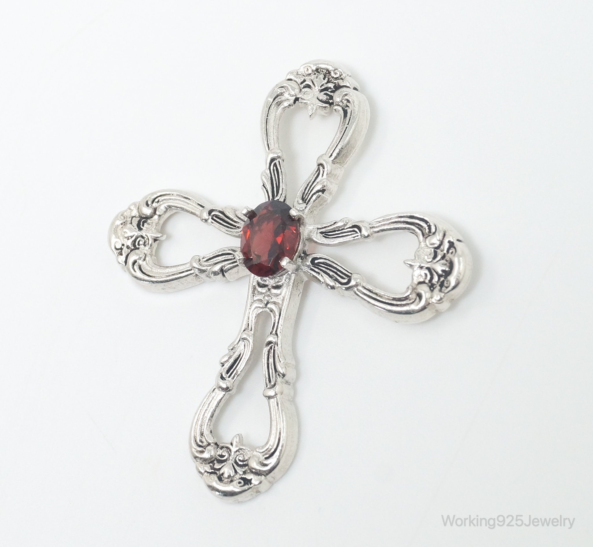 Vintage Designer Gorham Garnet Ornate Sterling Silver Cross Necklace Pendant