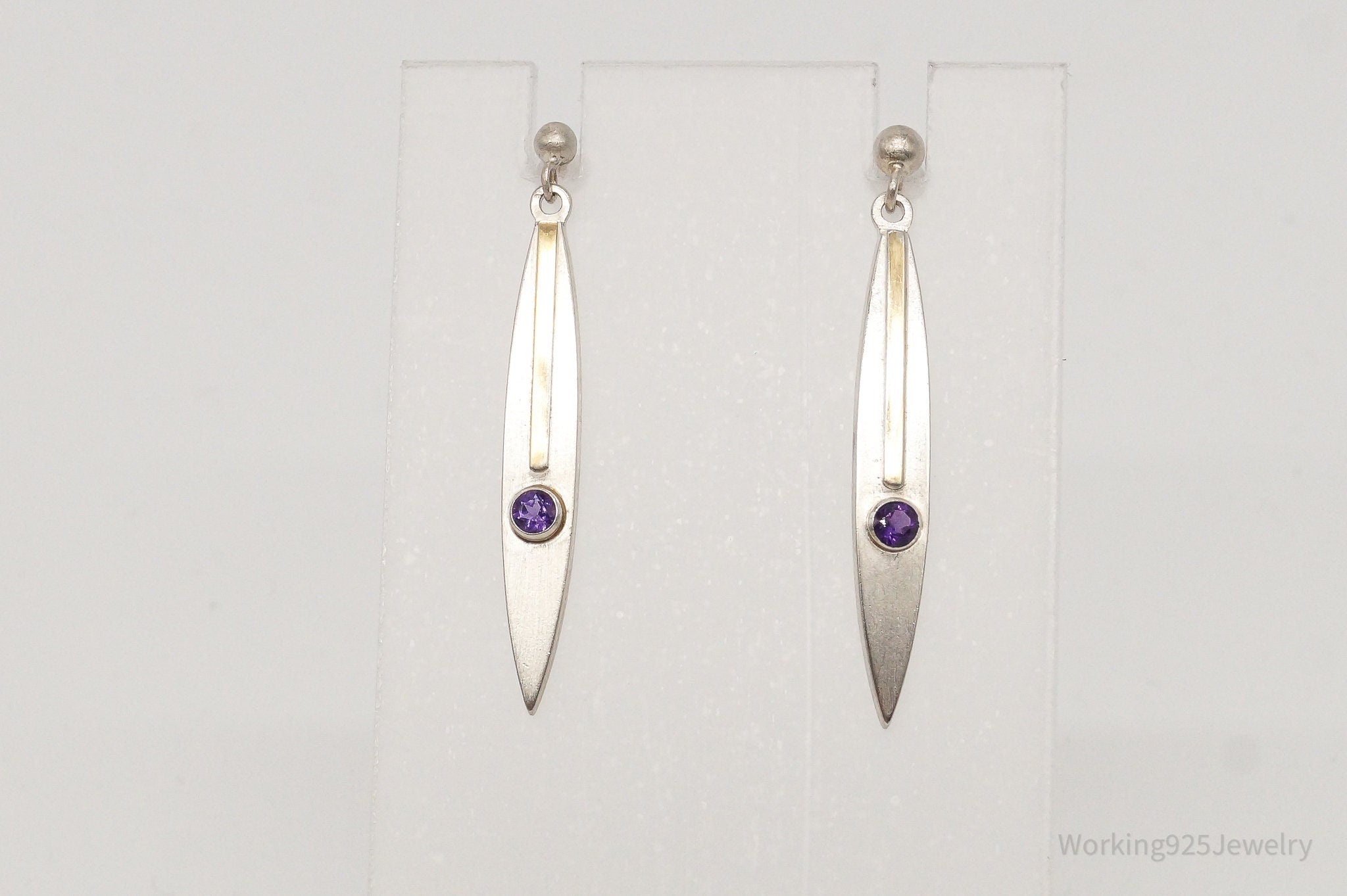 Vintage Amethyst 14K Gold Sterling Silver Dangle Earrings