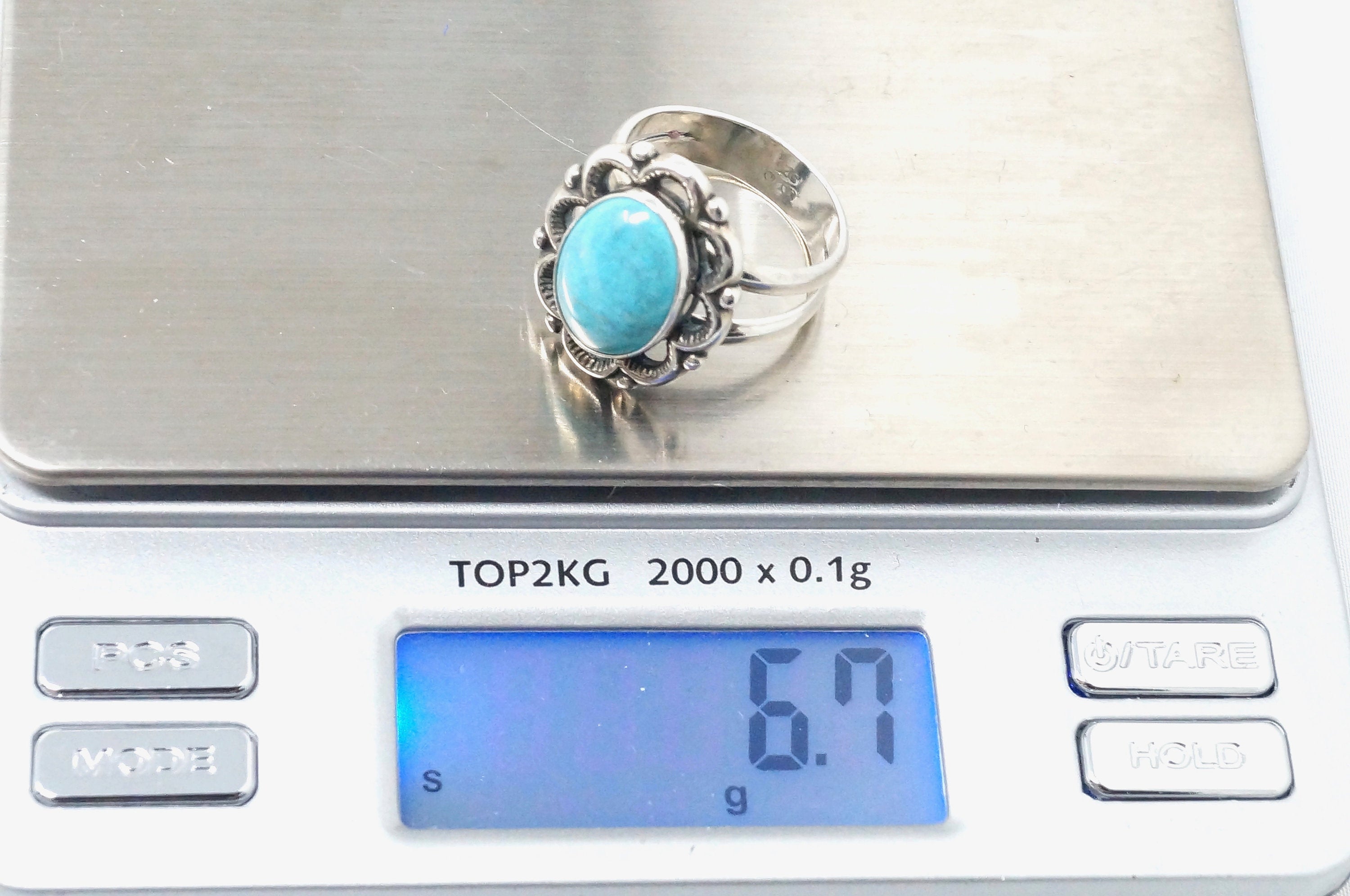 Vintage Designer QT Blue Turquoise Southwestern Sterling Silver Ring - Size 7