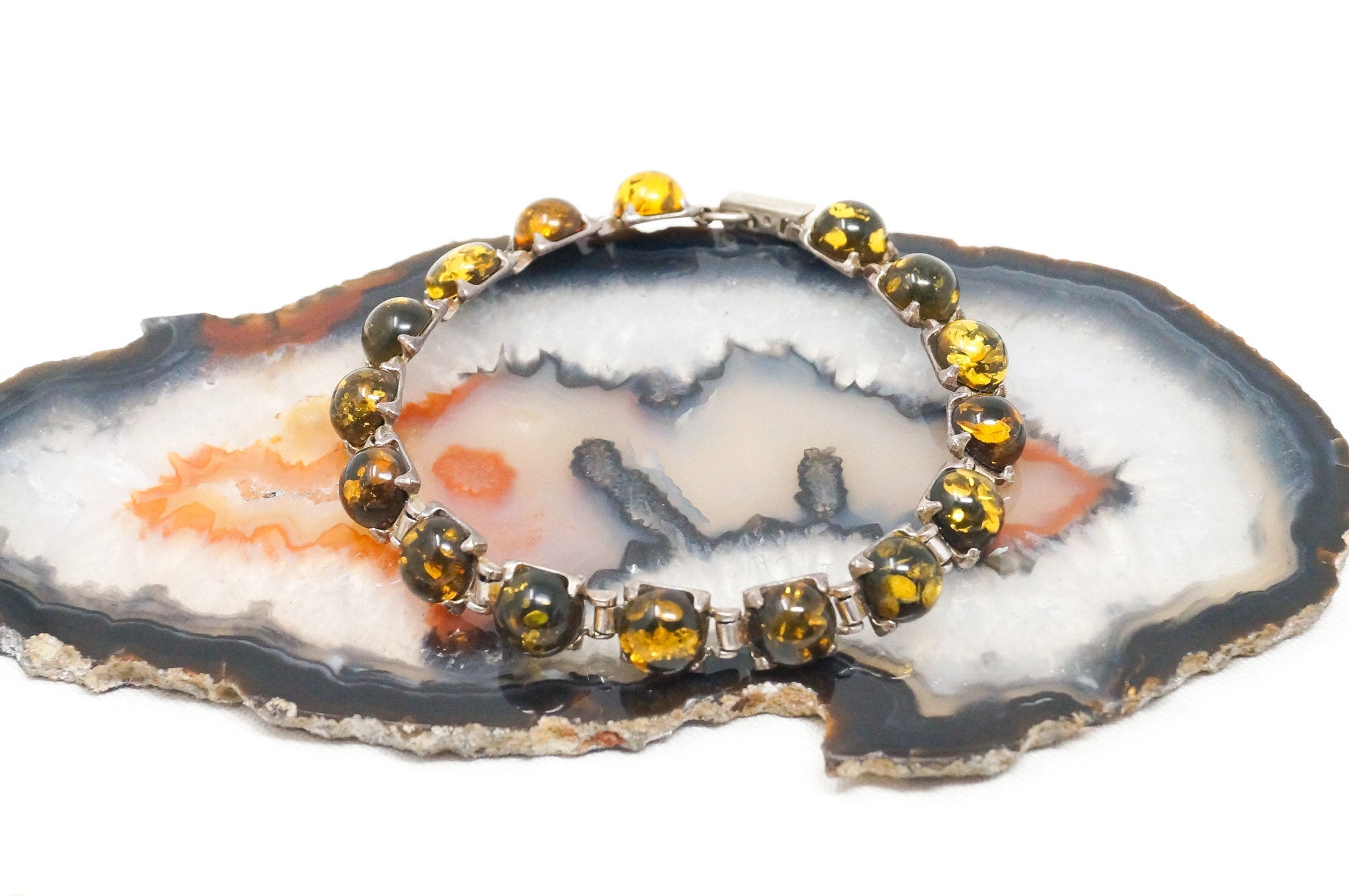 Vintage Baltic Amber Modernist Sterling Silver Bracelet