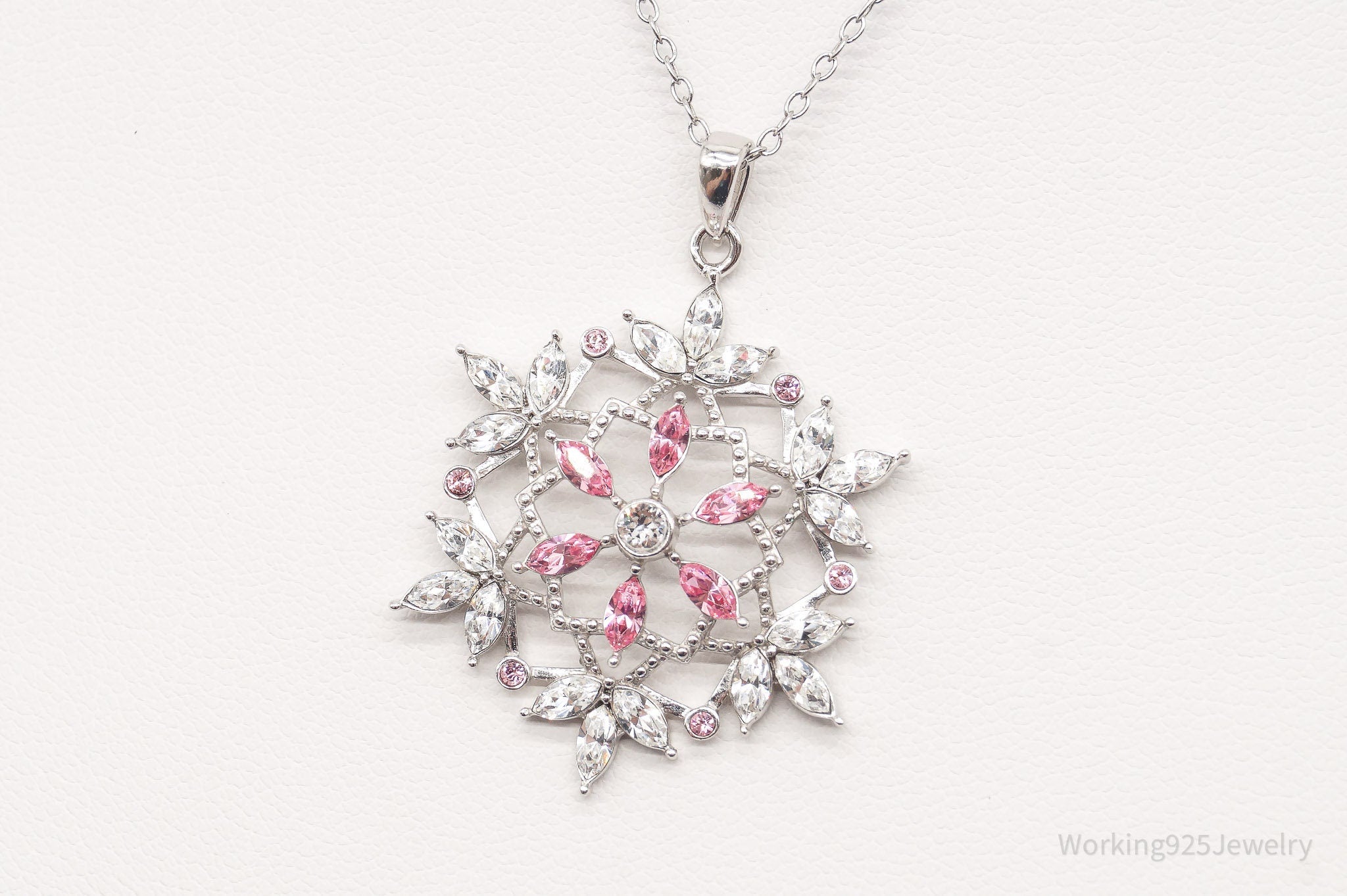 Vintage Designer RL Pink & White Crystal Snowflake Sterling Silver Necklace