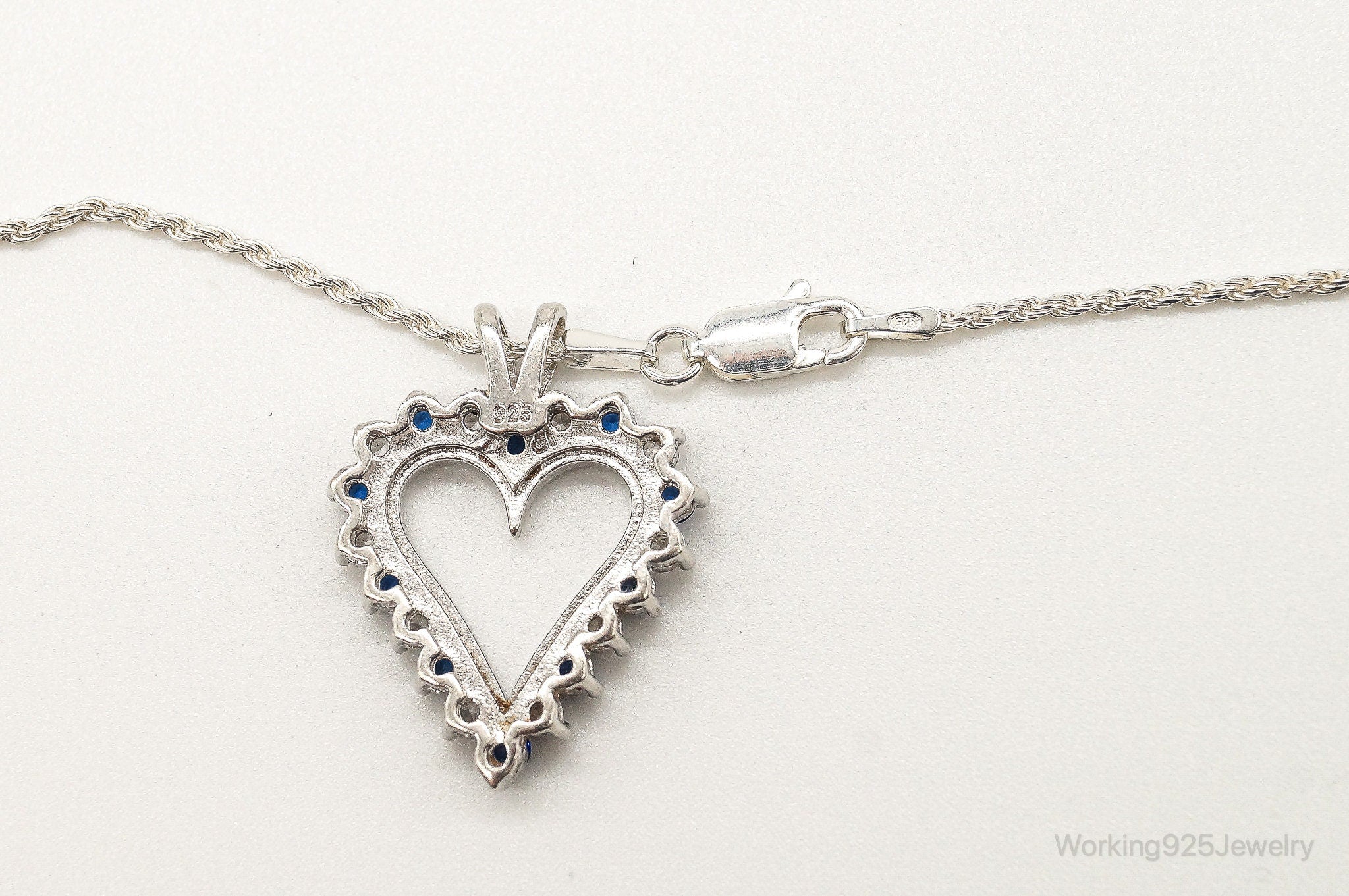 Blue & White Cubic Zirconia Heart Sterling Silver Necklace