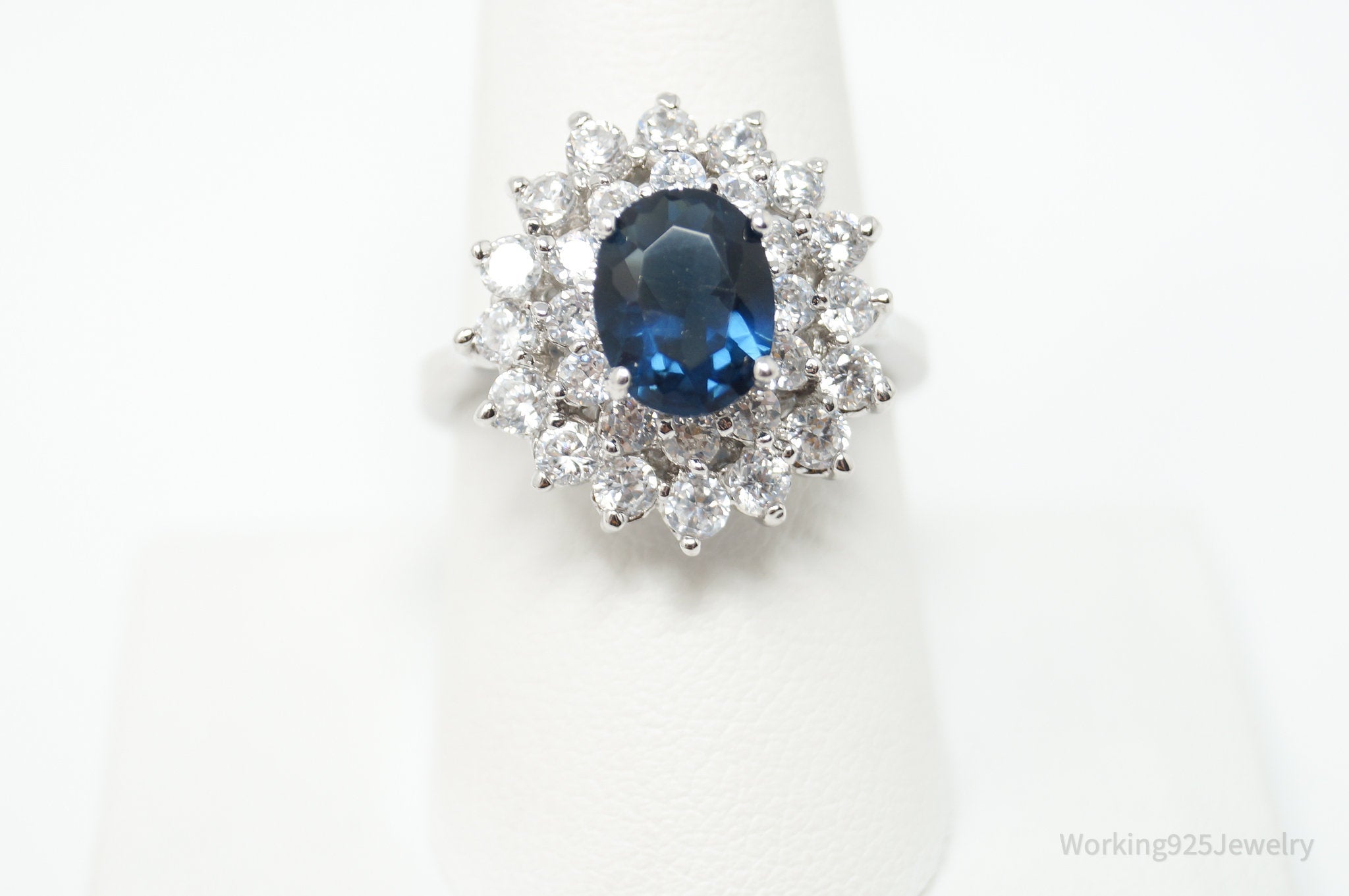 X Vintage Style Blue Sapphire CZ GOLD Plated Sterling Silver Ring - Size 8.75