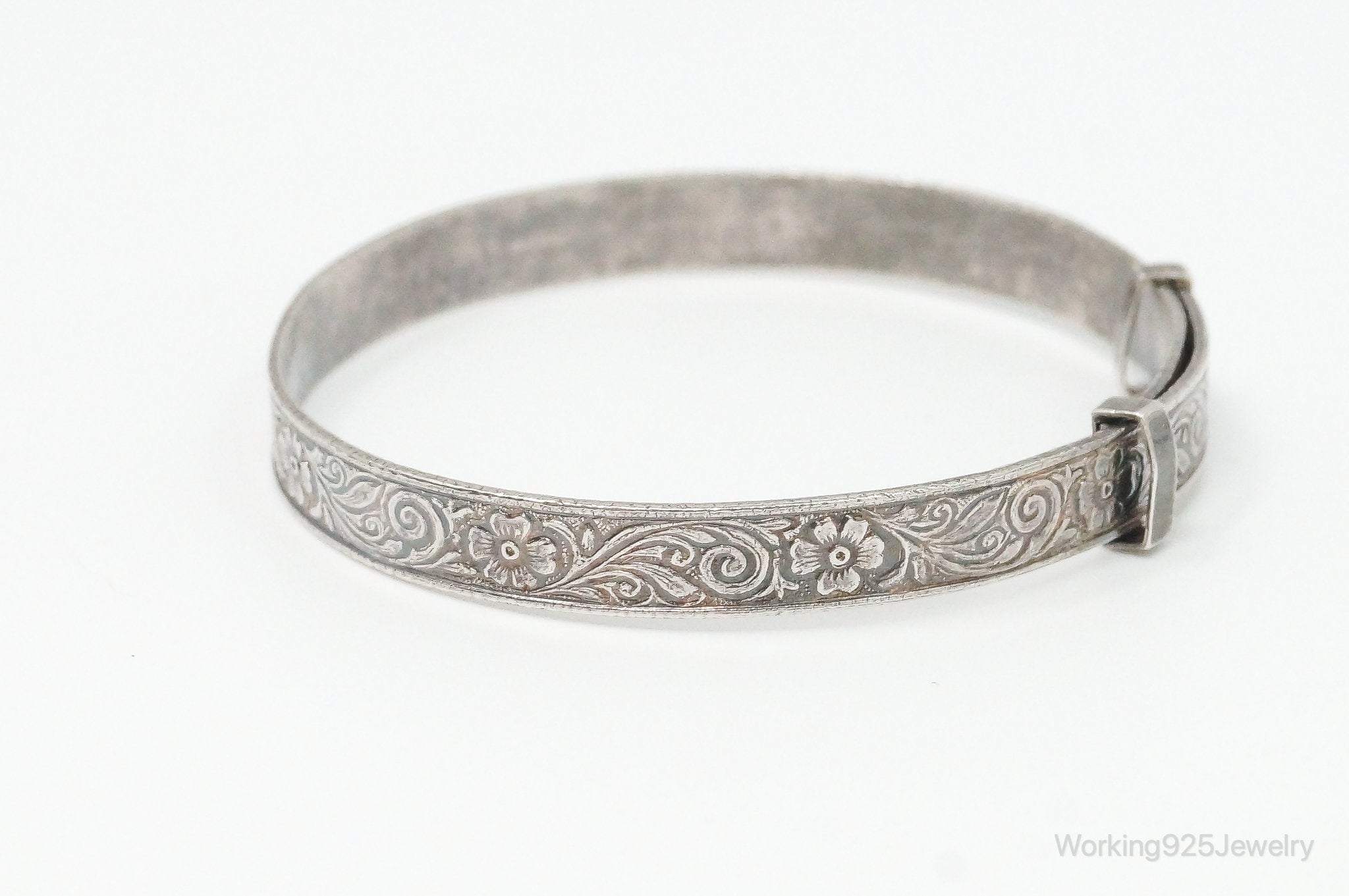 Antique Flowers Motif Sterling Silver Expanding Bangle Bracelet