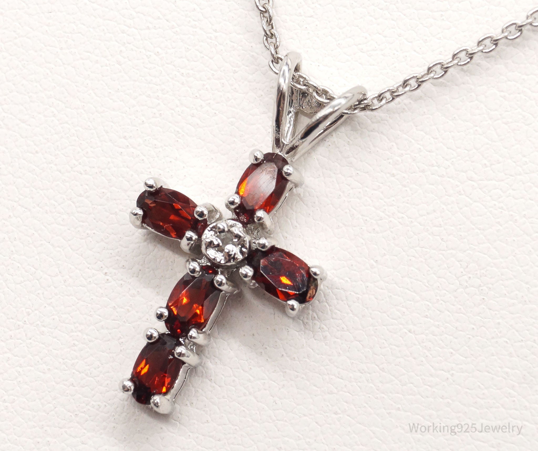 Vintage Garnet Diamond Cross Sterling Silver Necklace