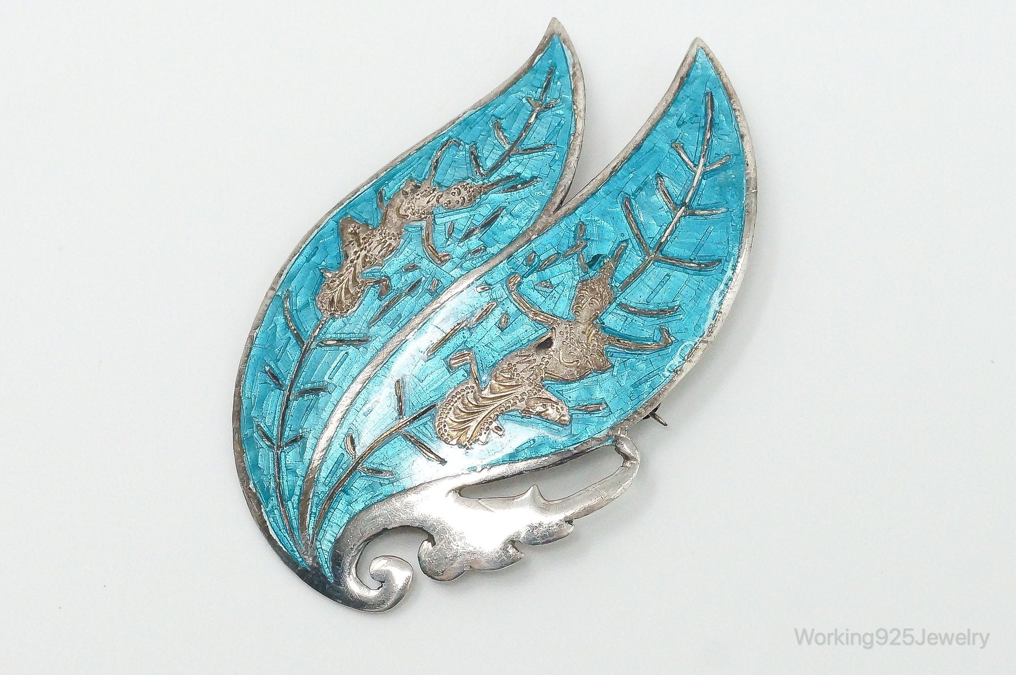 Vintage Designer SIAM Dancer Blue Enamel Sterling Silver Brooch Pin