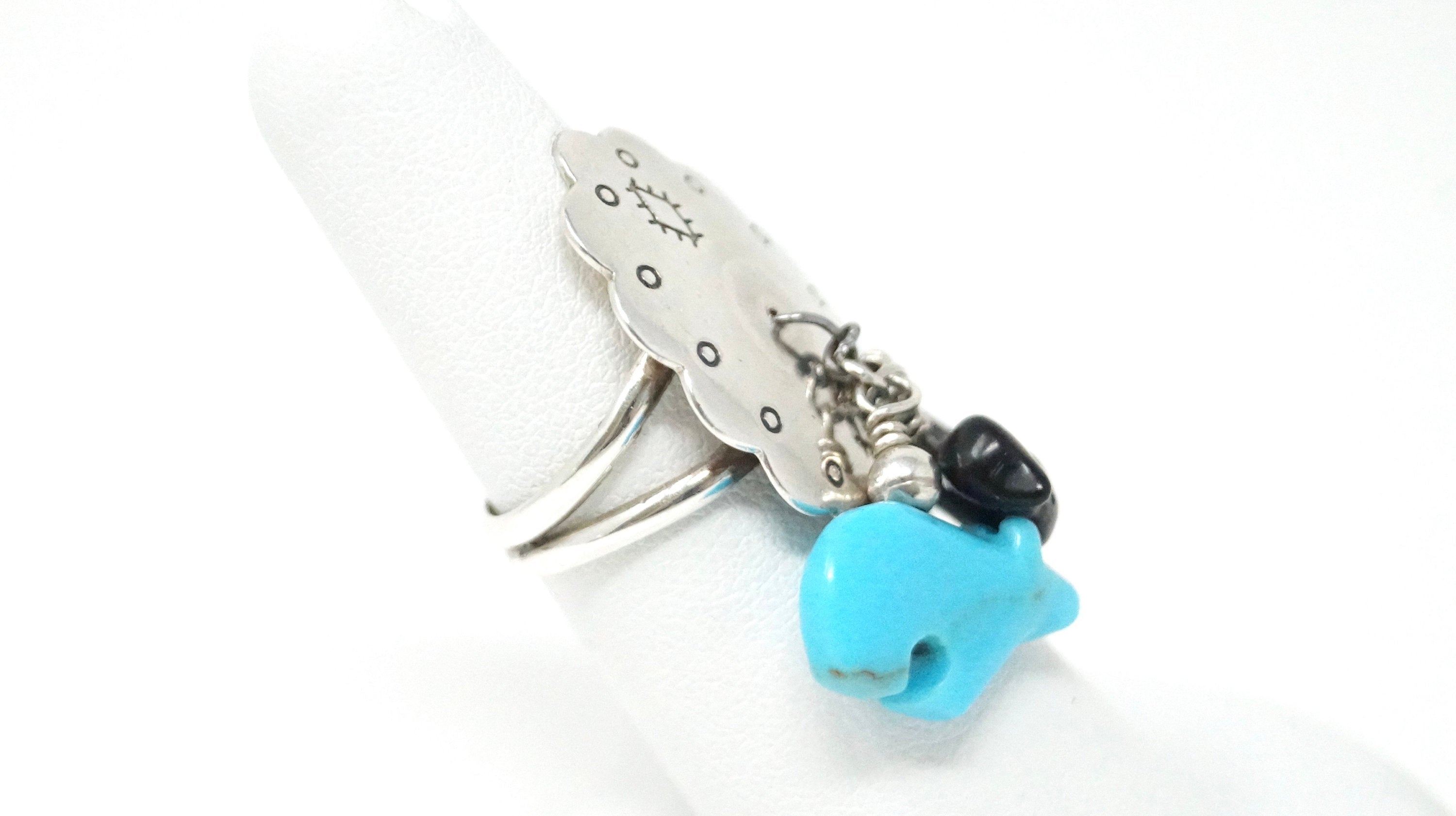 Native American CJD Turquoise Black Onyx Bear Bird Sterling Silver Ring Sz 6.25