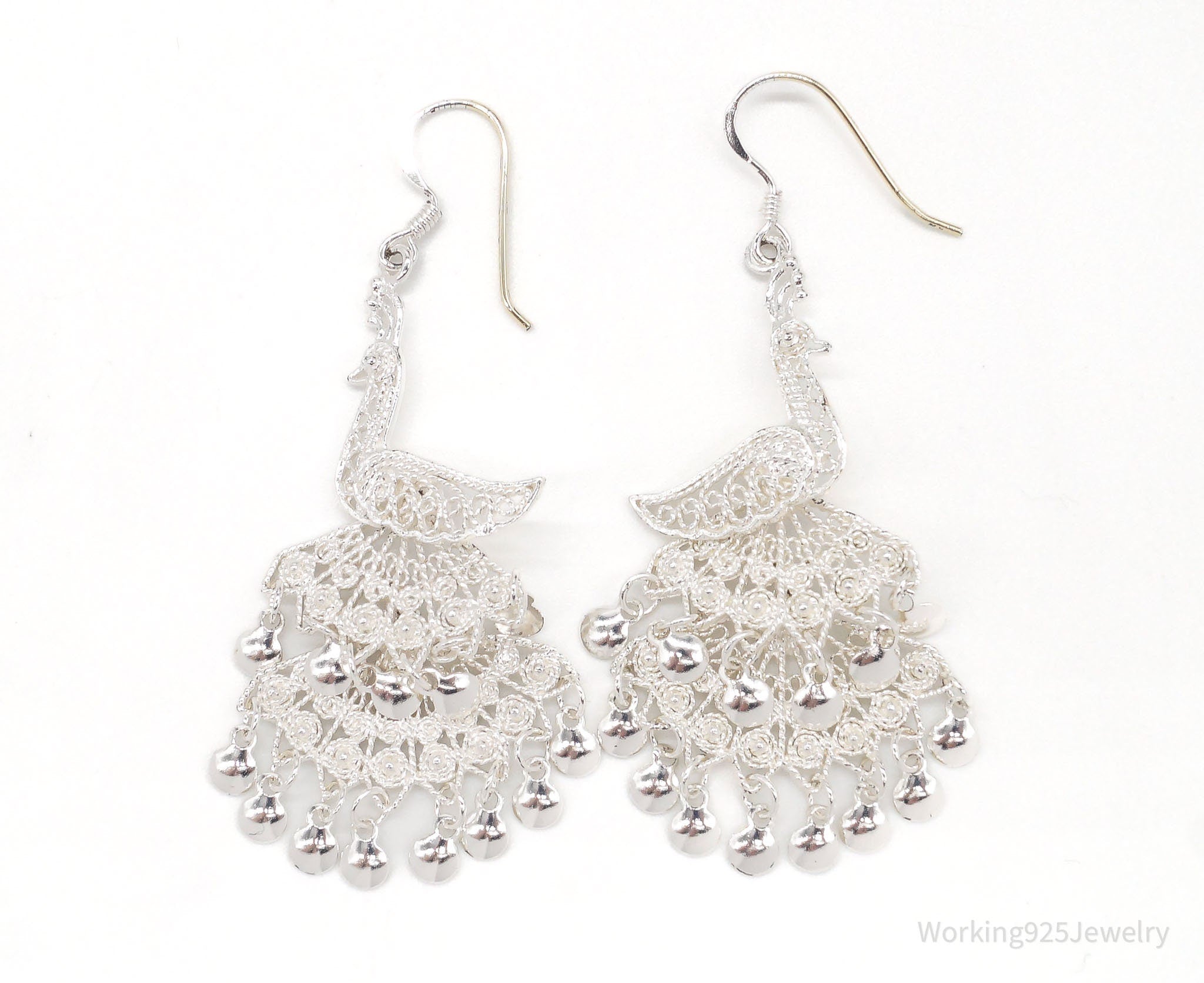 Vintage Filigree Peacock Chandelier Sterling Silver Earrings