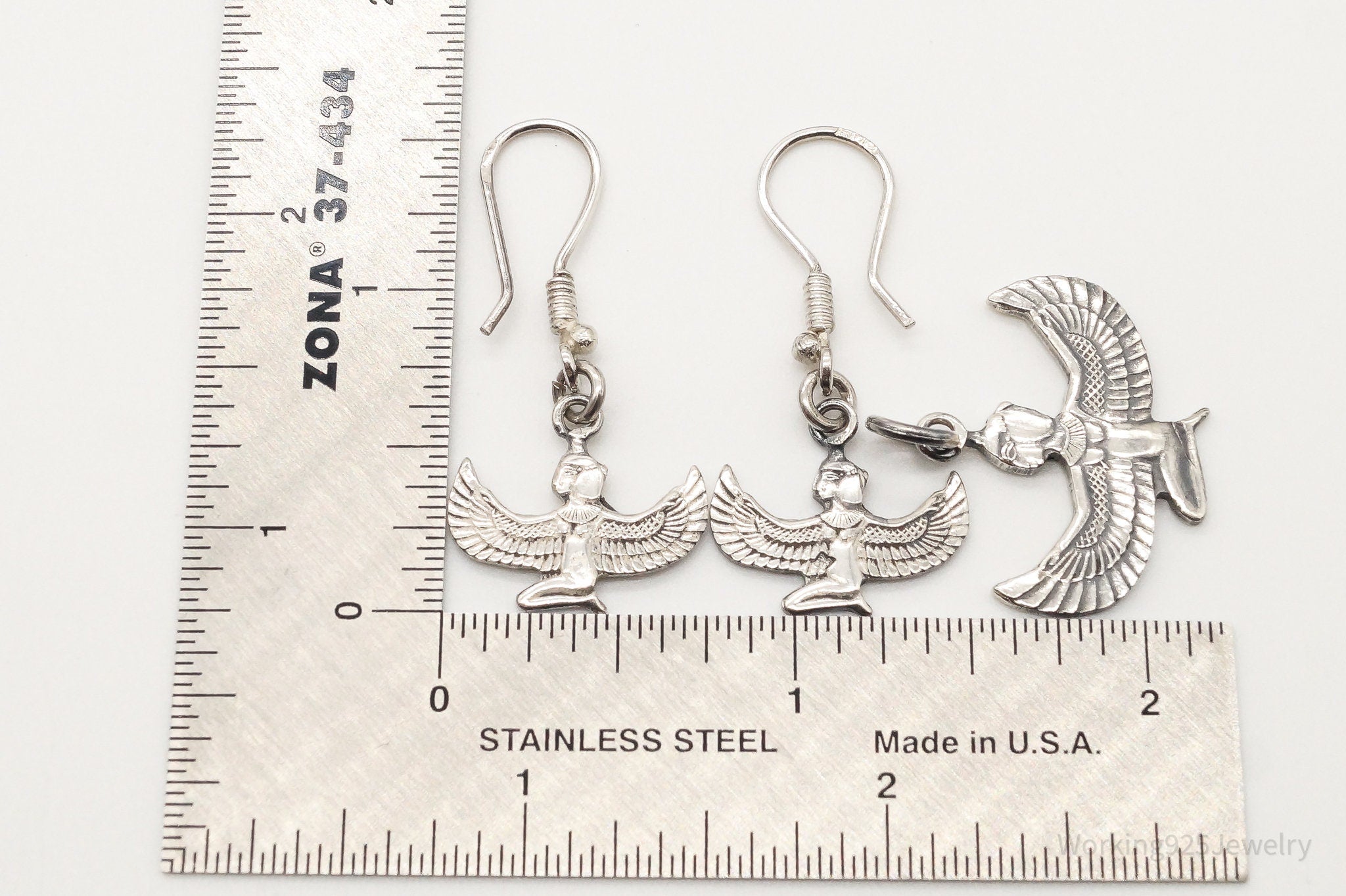 Vintage Egyptian Winged Goddess Isis Sterling Silver Pendant Earrings Set