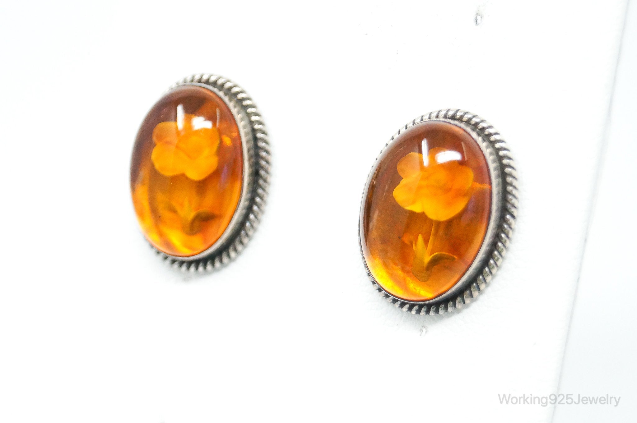 Vintage Designer Merav Flower Cameo Amber Sterling Silver Earrings