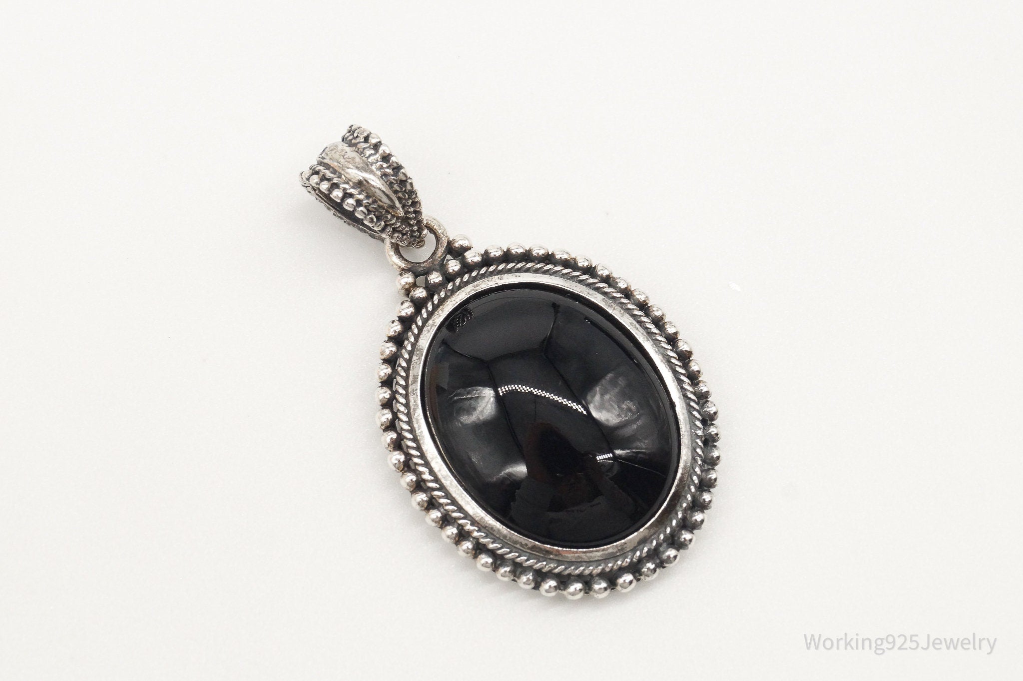 Large Vintage Black Onyx Bali Style Sterling Silver Pendant