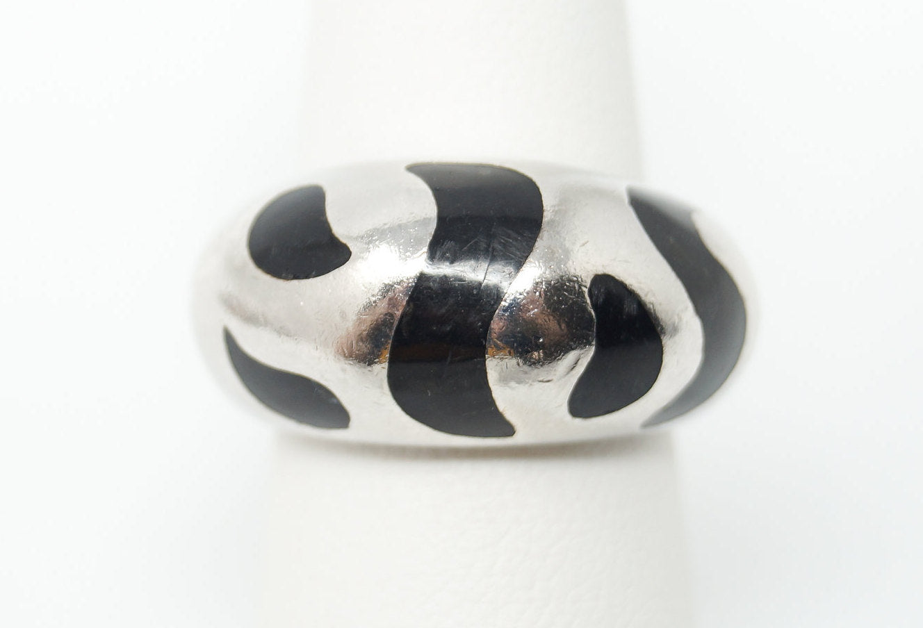 Vintage Black Enamel Tiger Stripe Design Sterling Silver Ring - Size 6.5