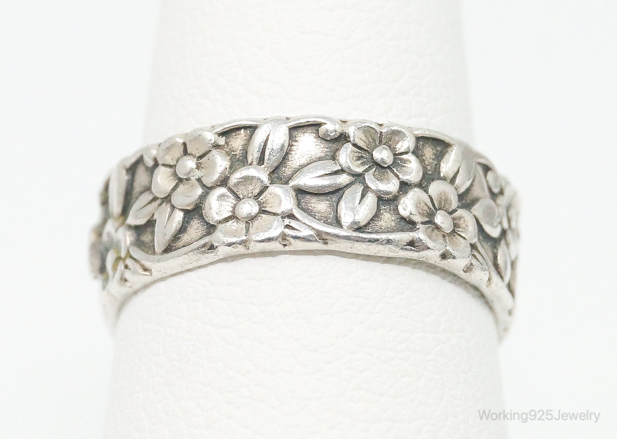 Antique Flowers Sterling Silver Band Ring - Size 6