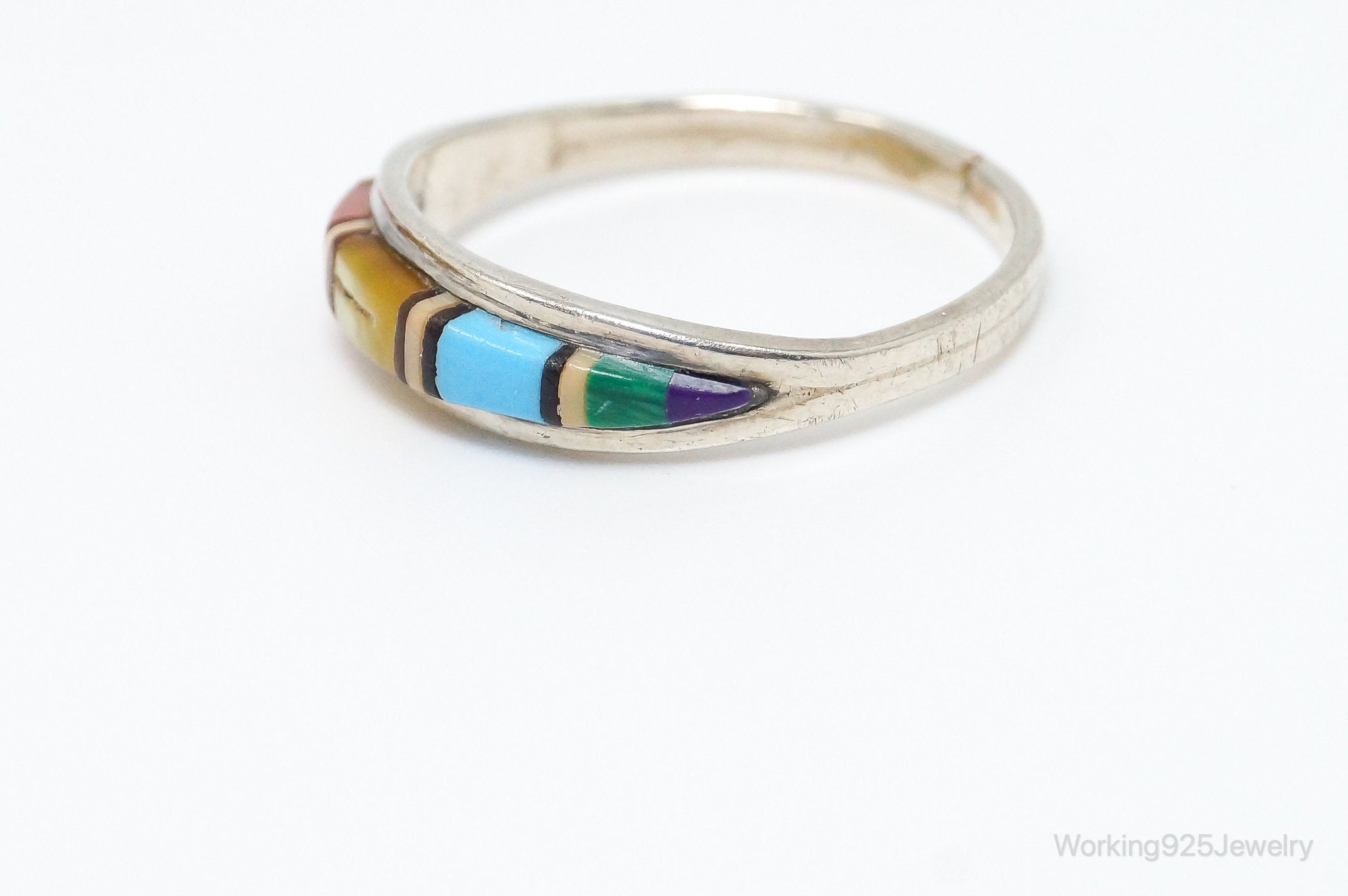 VTG Native American Handmade Multi Gem Inlay Sterling Silver Ring - SZ 5.5