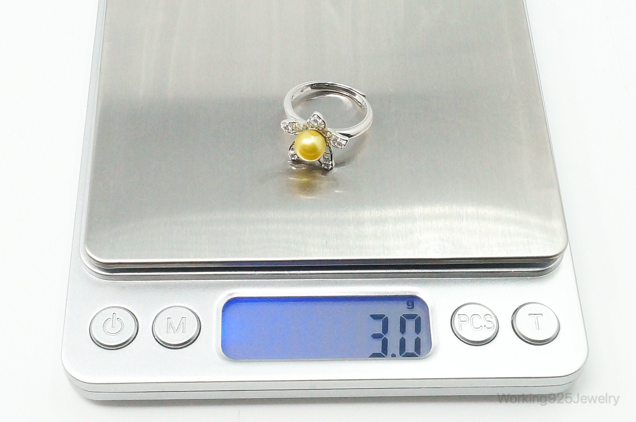 Faux Yellow Pearl Cubic Zirconia Flower Sterling Silver Ring SZ 5.75 Adjustable