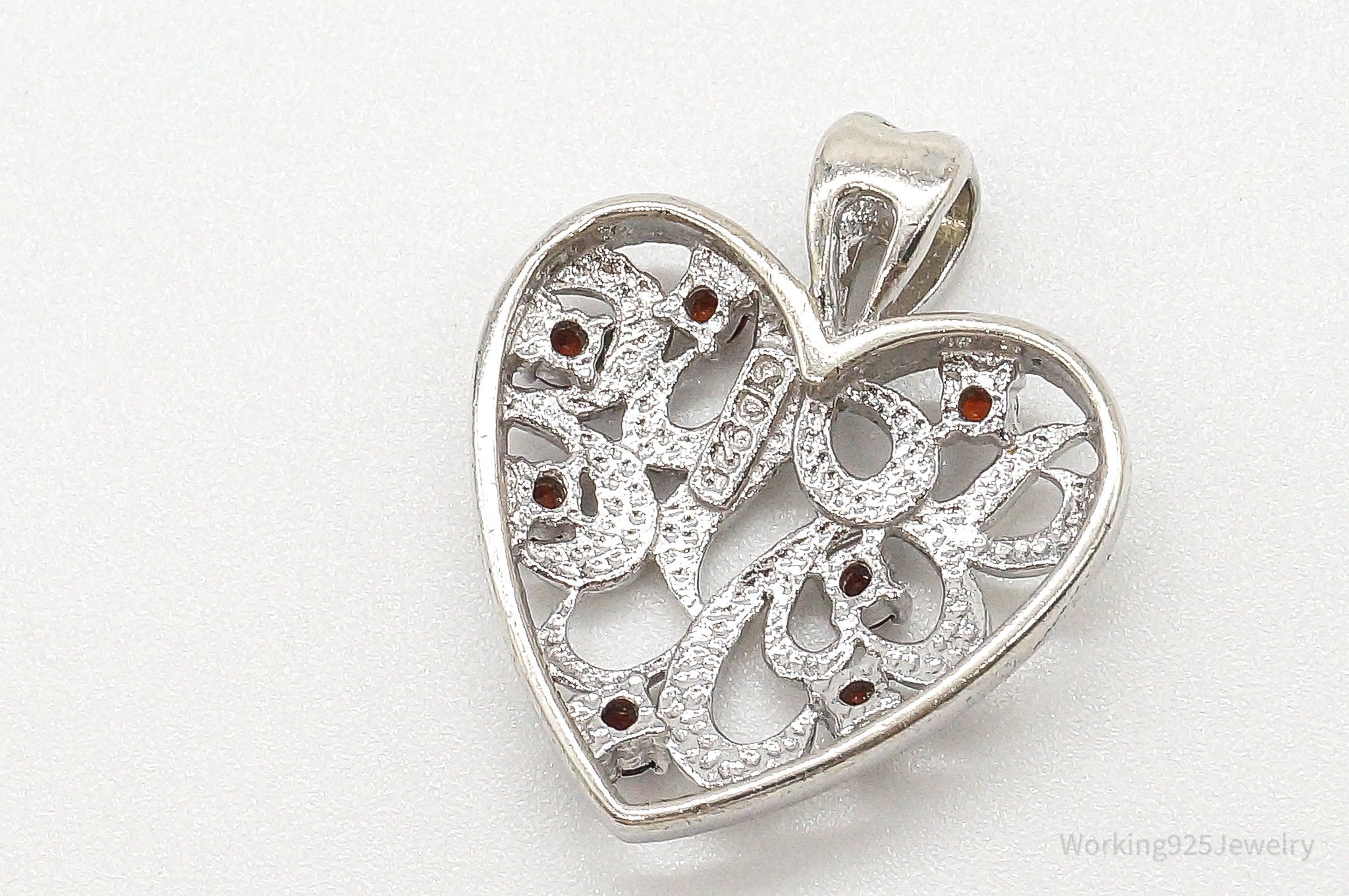 Vintage Designer CID Garnet Heart Sterling Silver Pendant