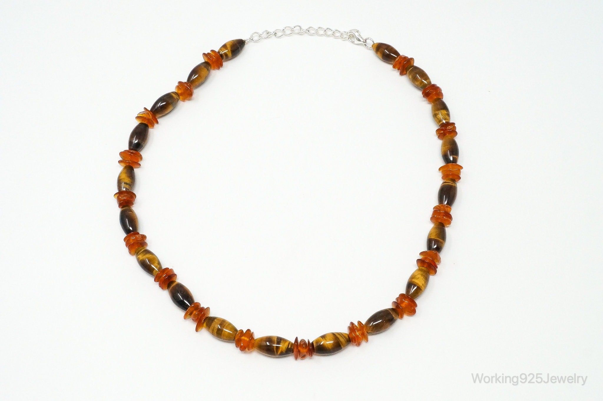 Vintage Designer GSJ Amber Tigers Eye Beads Sterling Silver Necklace