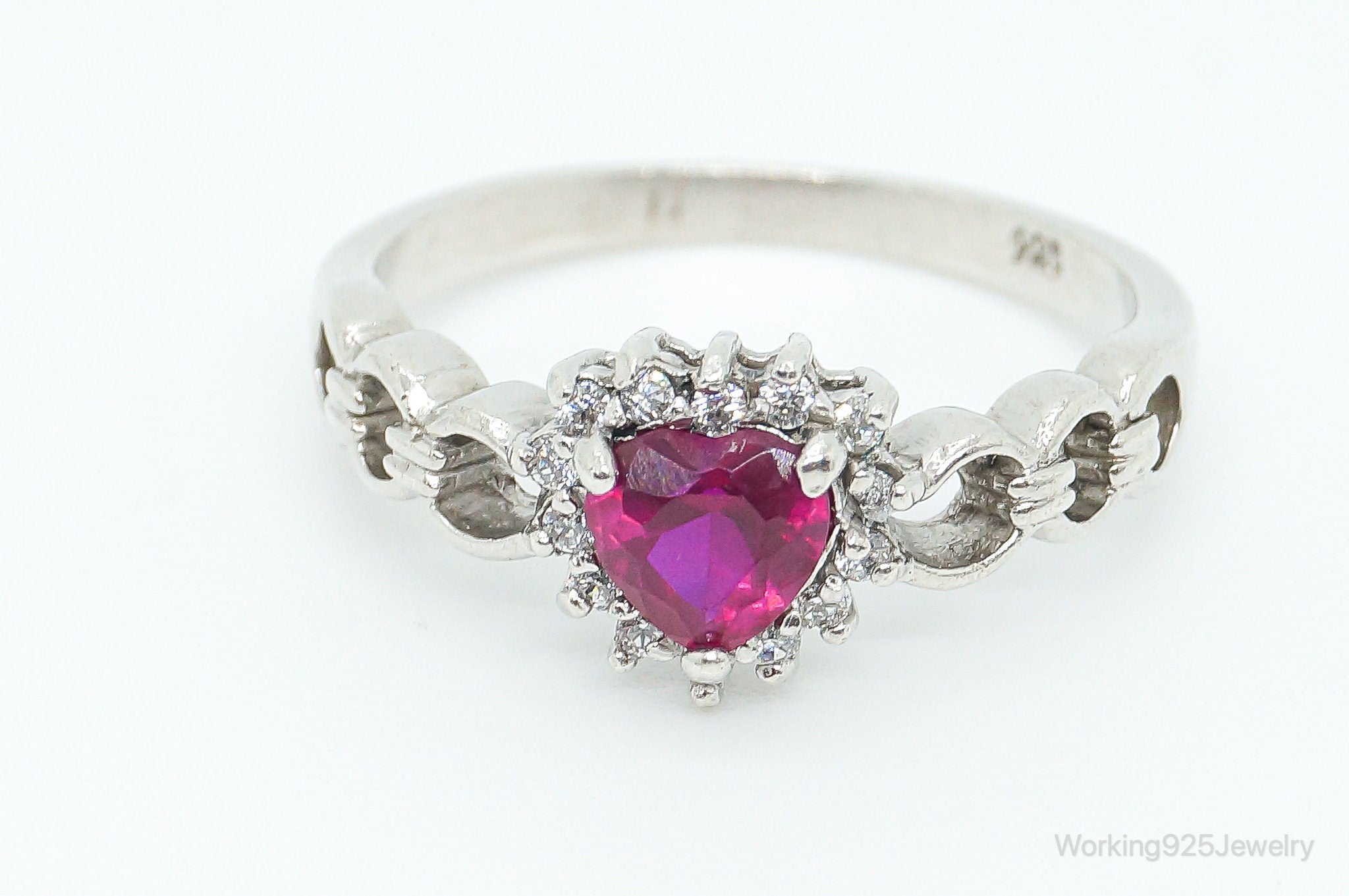 Pink Topaz Cubic Zirconia Heart Sterling Silver Ring - SZ 10