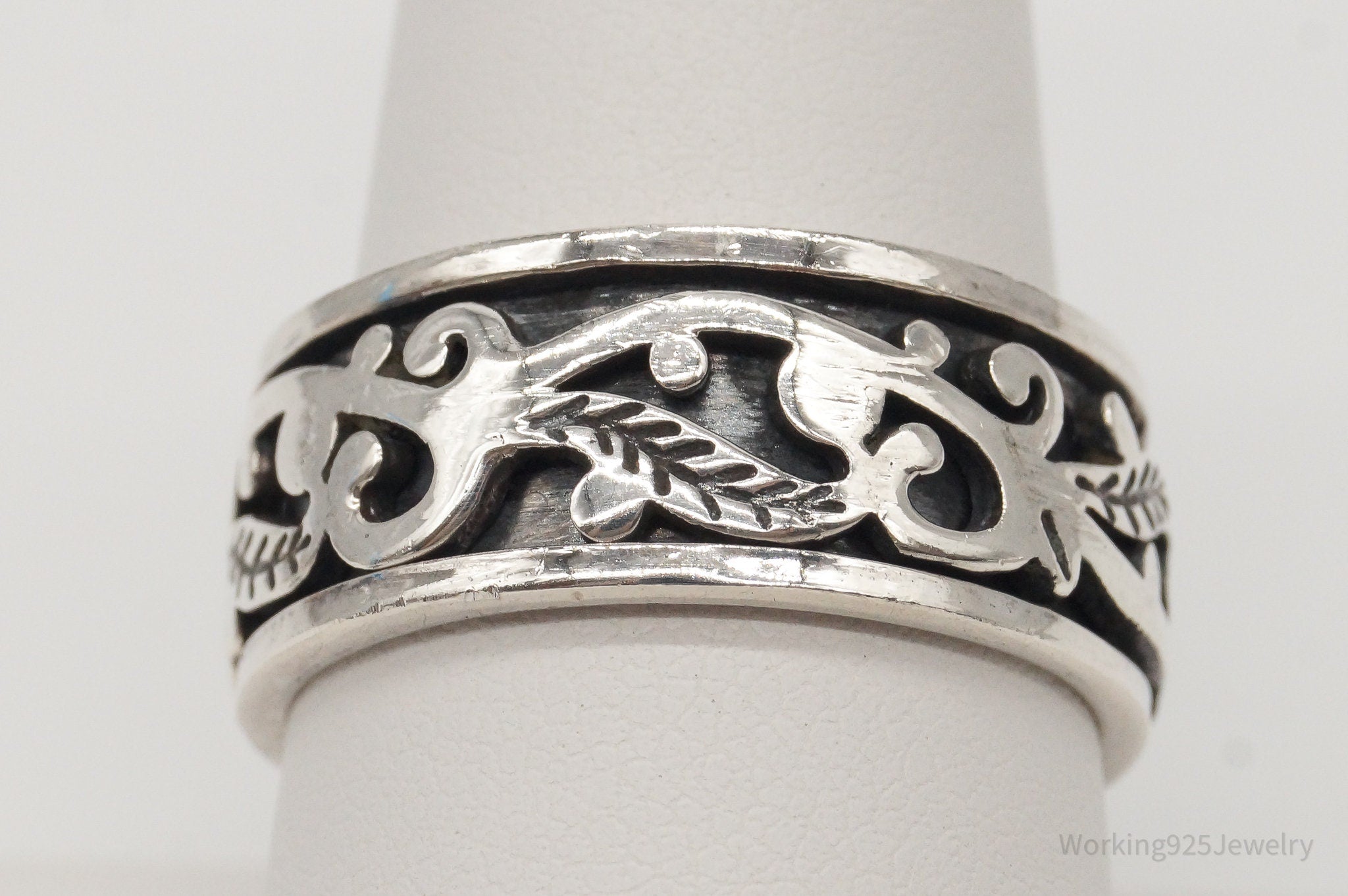 Vintage Floral Leaf Sterling Silver Spinner Ring - Size 9.25