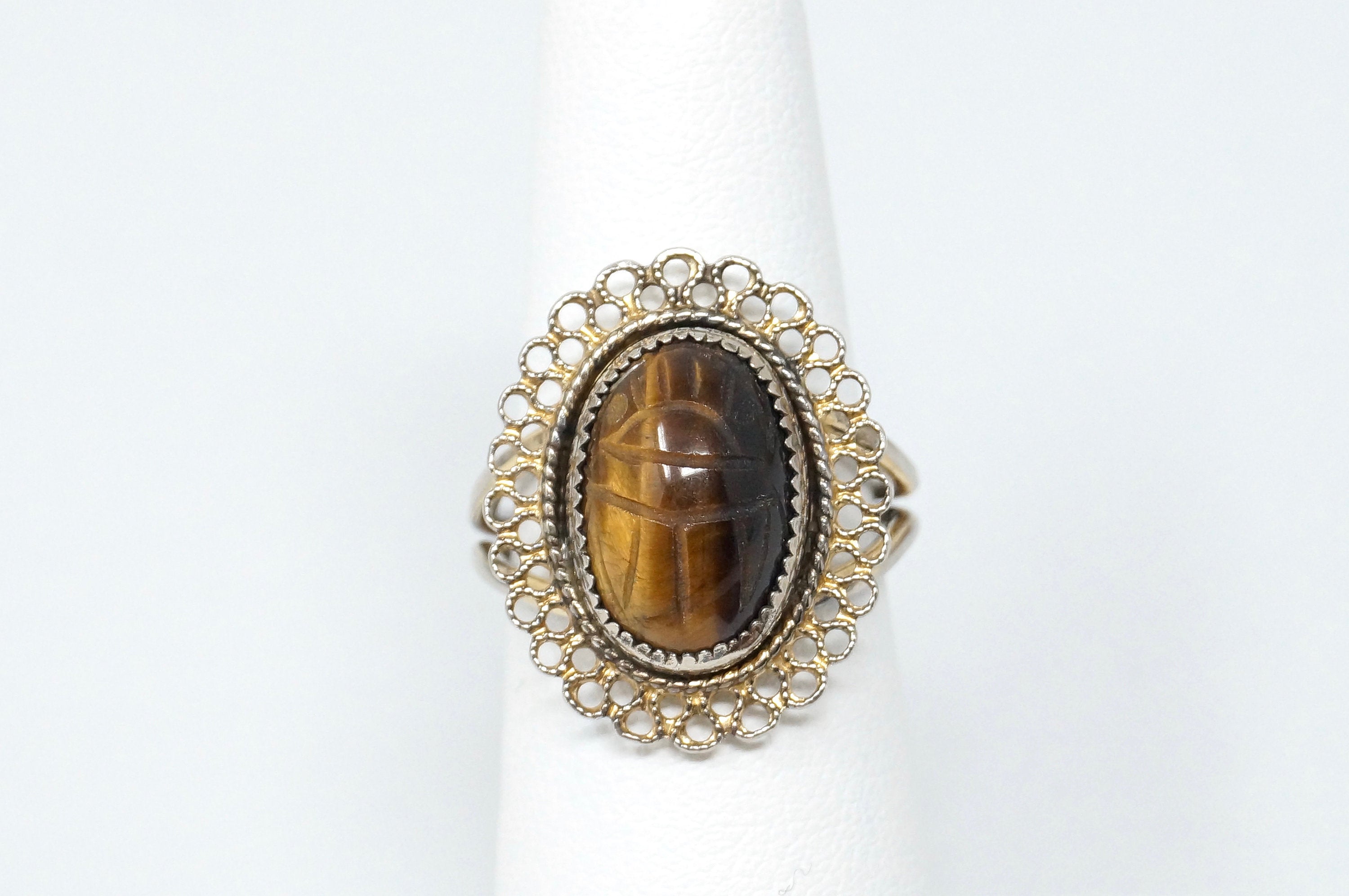 Rare BEAU Tigers EyeScarab Gold Vermeil Sterling Silver Adj. ring - Sz5.25