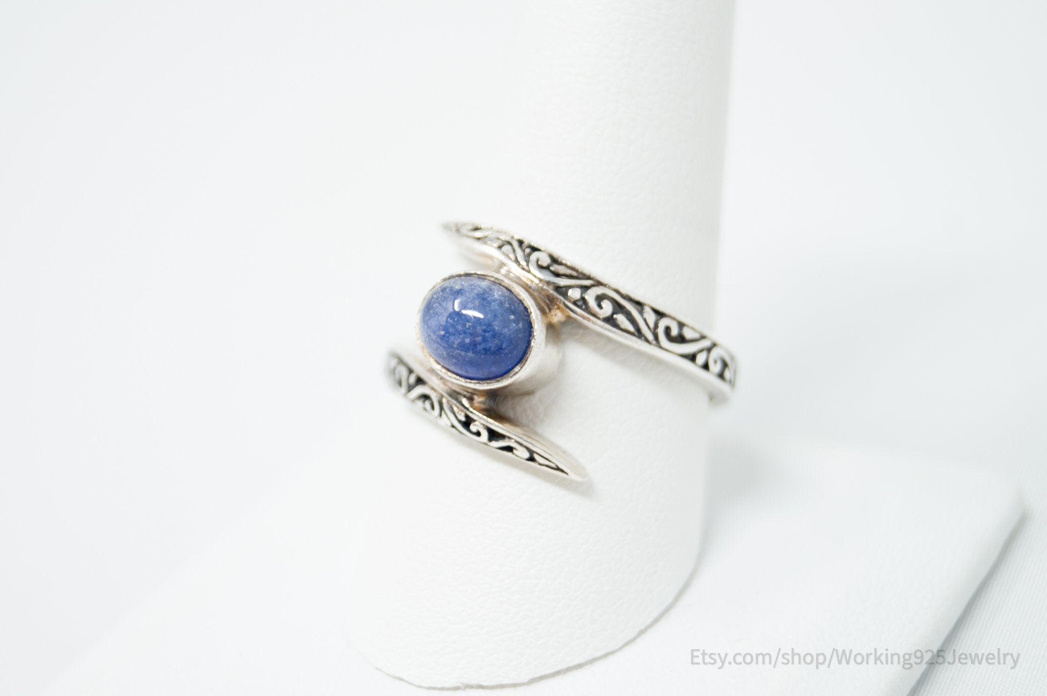 Vintage Deco Style Blue Gemstone Swirl Scroll Sterling Silver Ring - Size 10