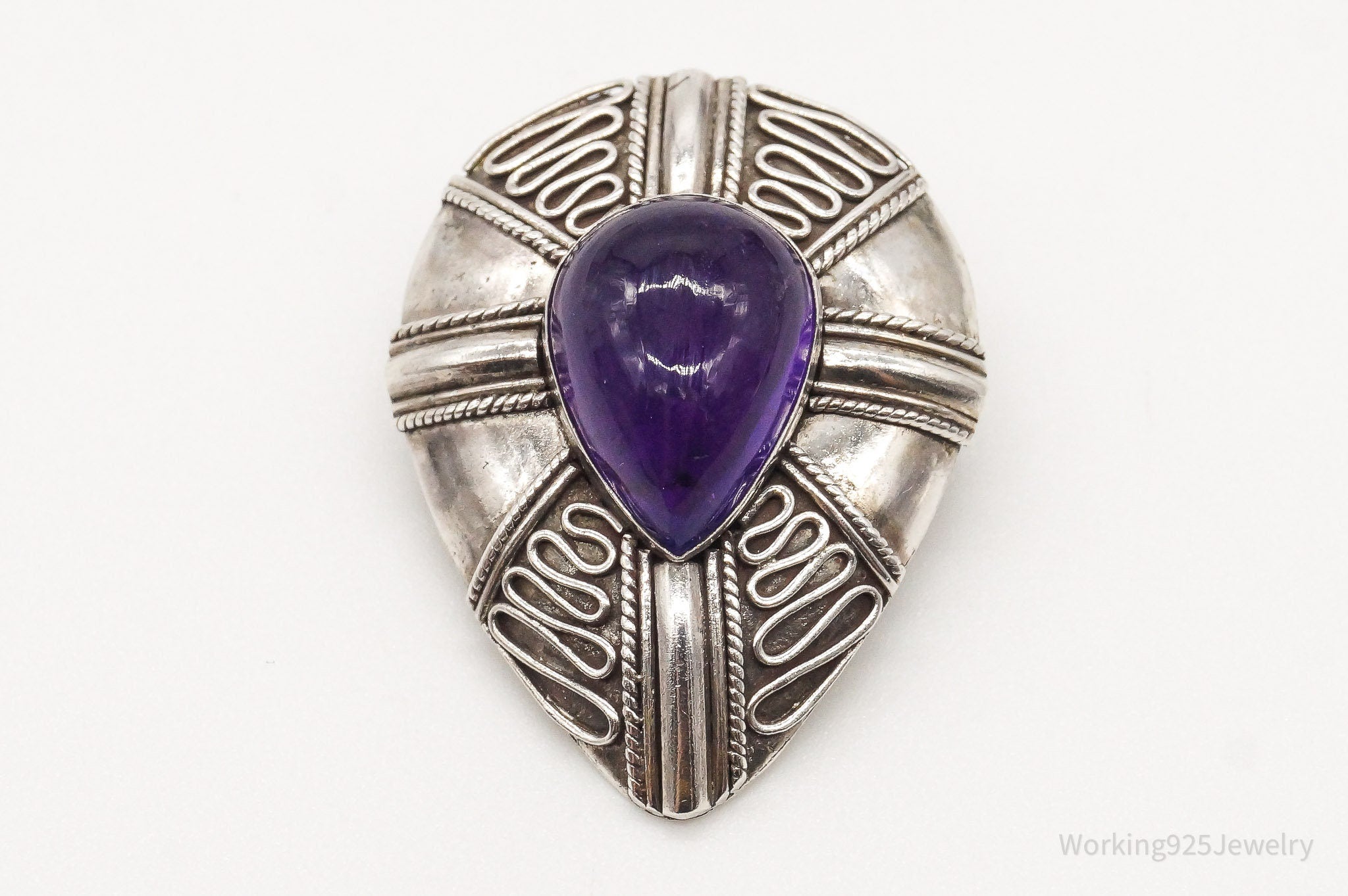 Vintage Amethyst Bali Sterling Silver Brooch Pin Pendant