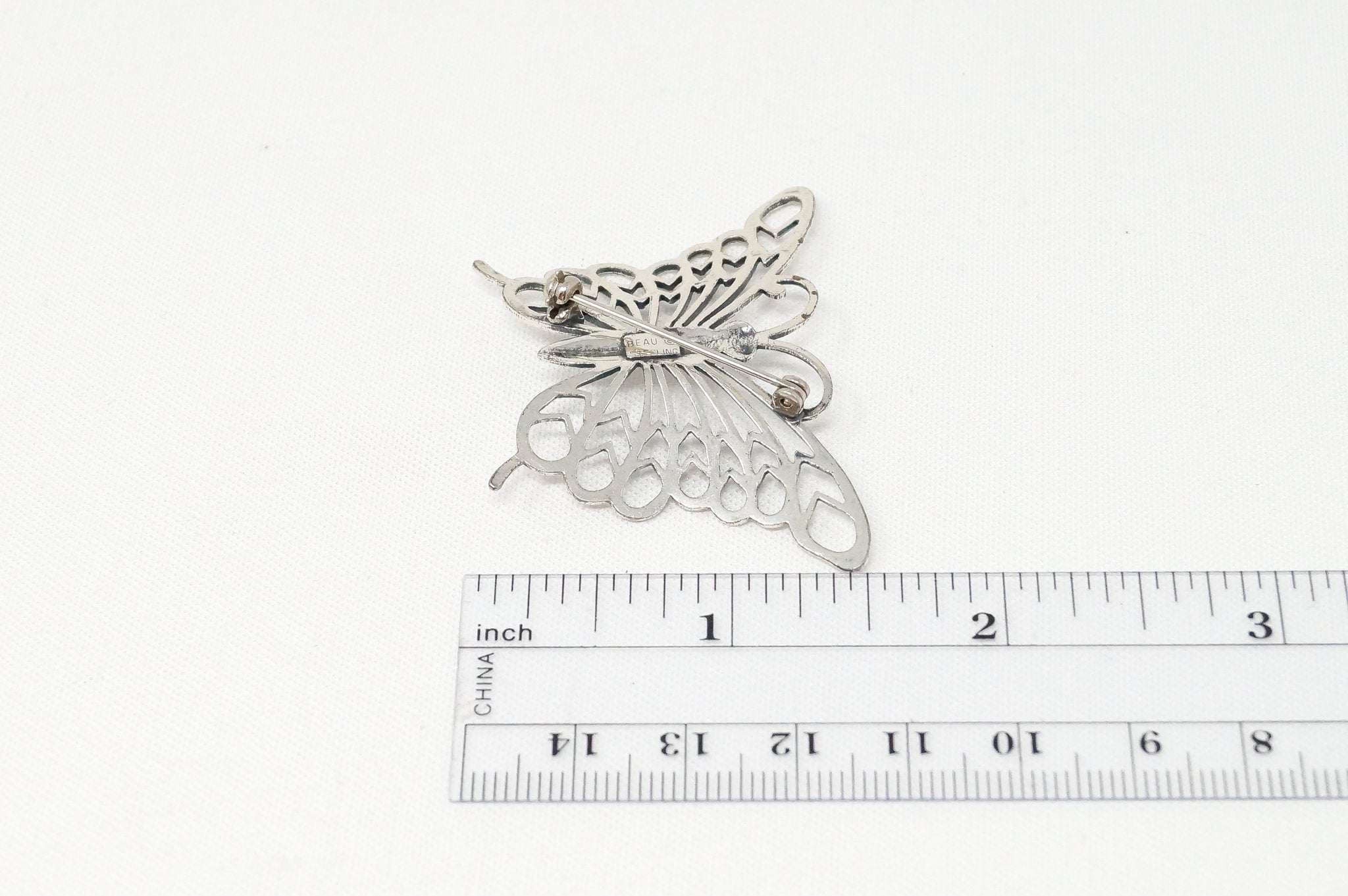 Vintage Designer Beau Butterfly Cut Out Modernist Sterling Silver Brooch Pin