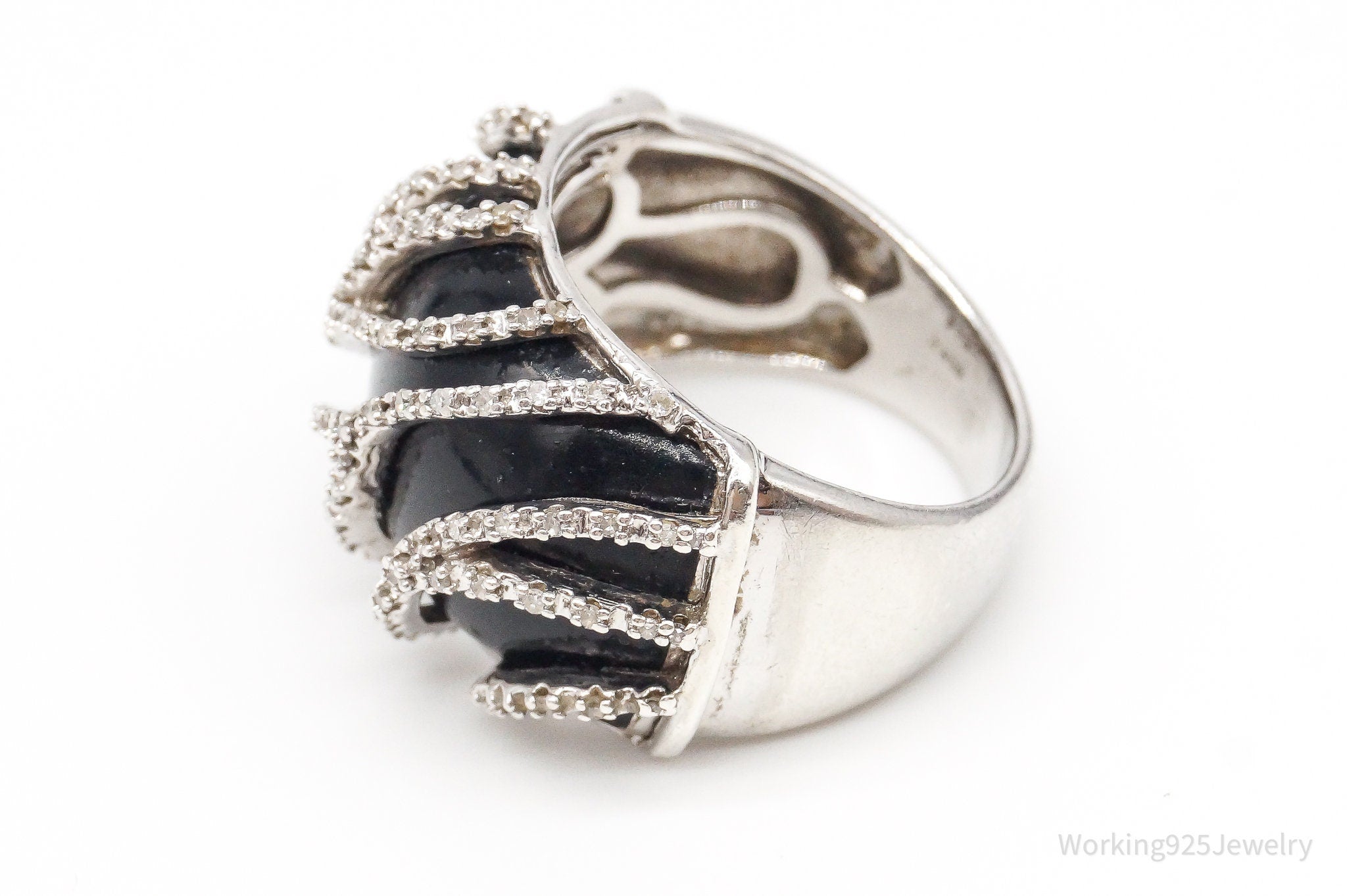 Vintage Designer JWBR Diamond Black Stone Sterling Silver Ring - Size 7