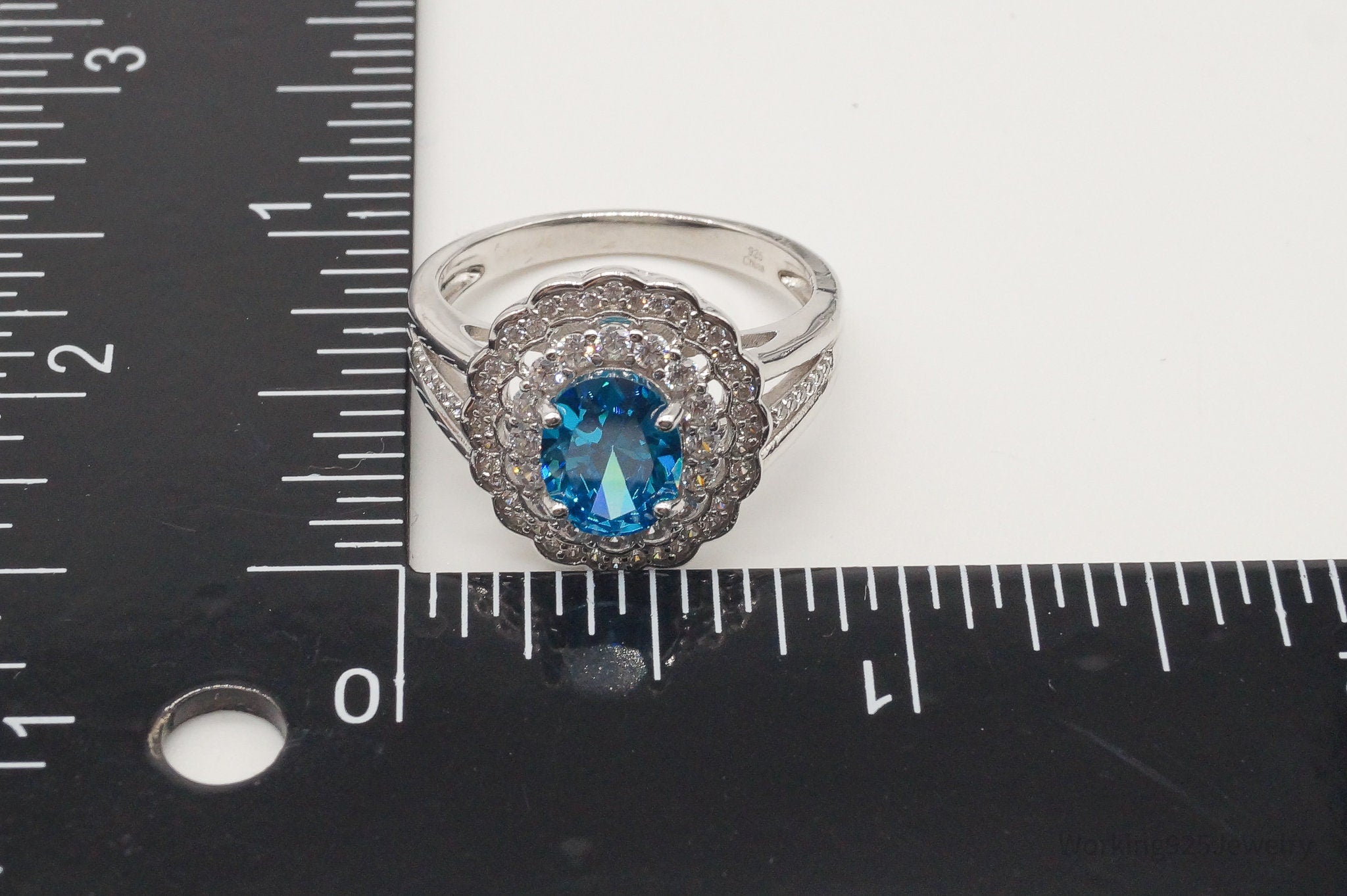 Vintage Large Blue & White Cubic Zirconia Sterling Silver Ring Size 10