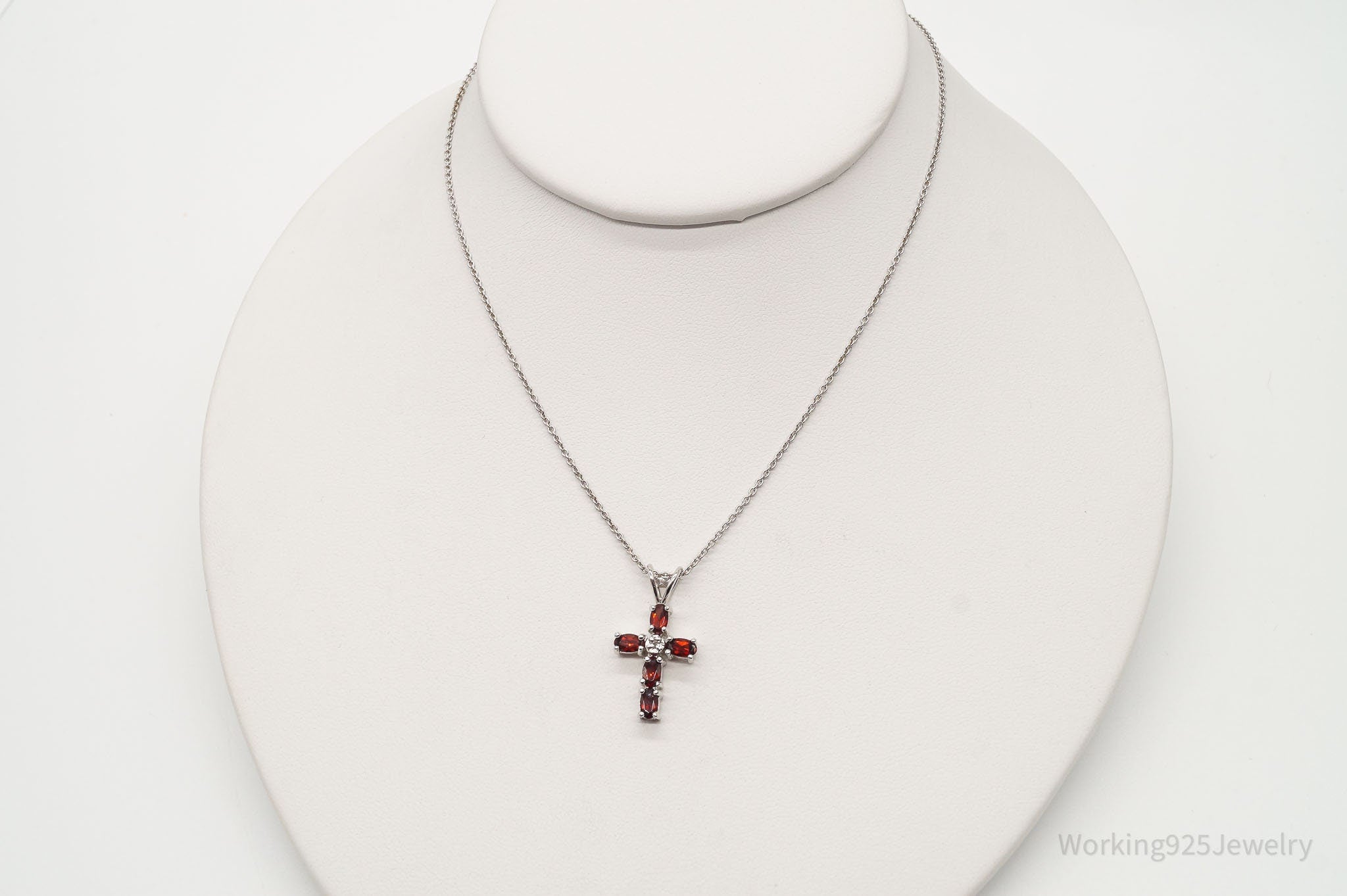 Vintage Garnet Diamond Cross Sterling Silver Necklace