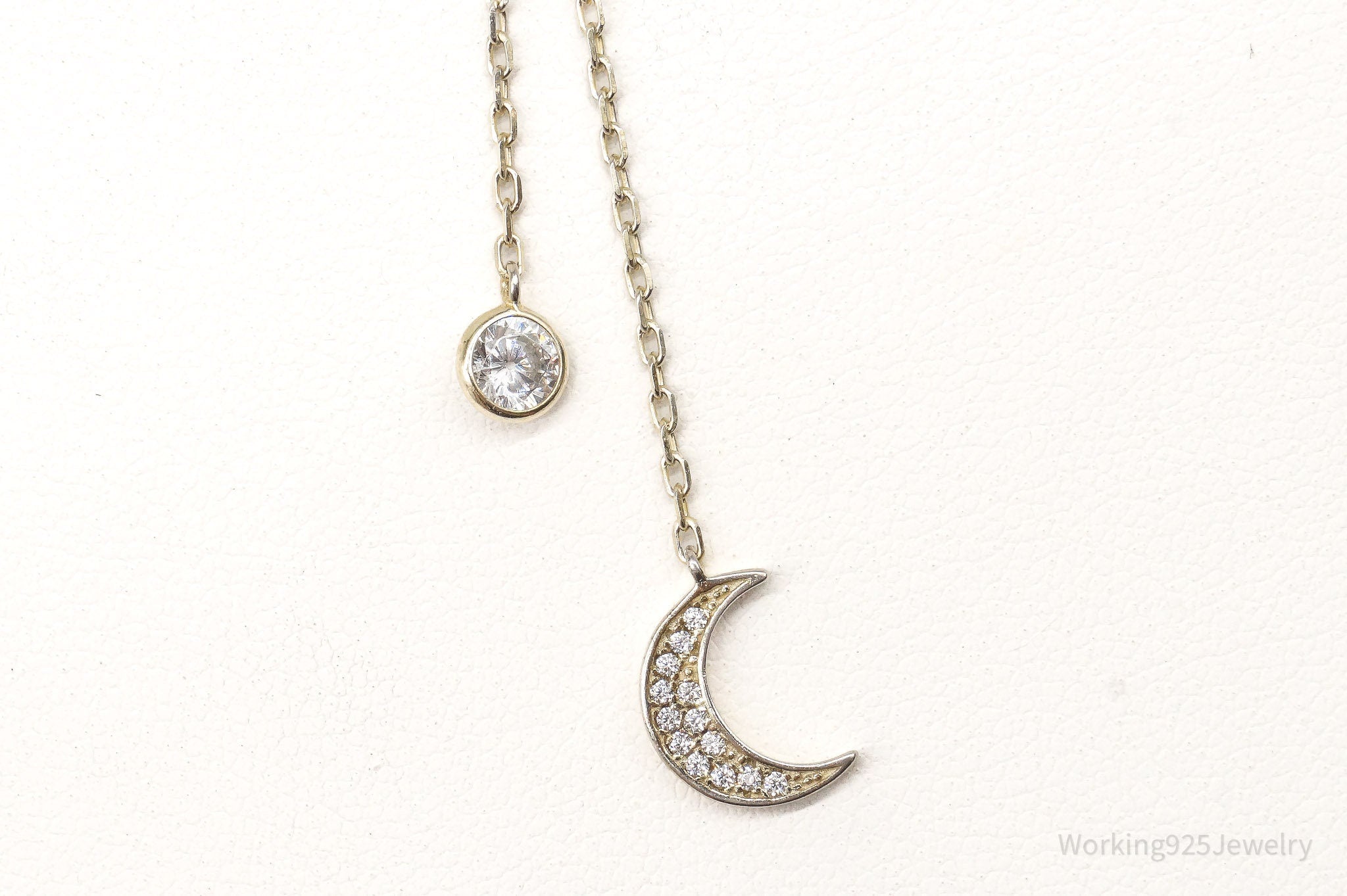 Vintage Cubic Zirconia Moon Charm Sterling Silver Necklace