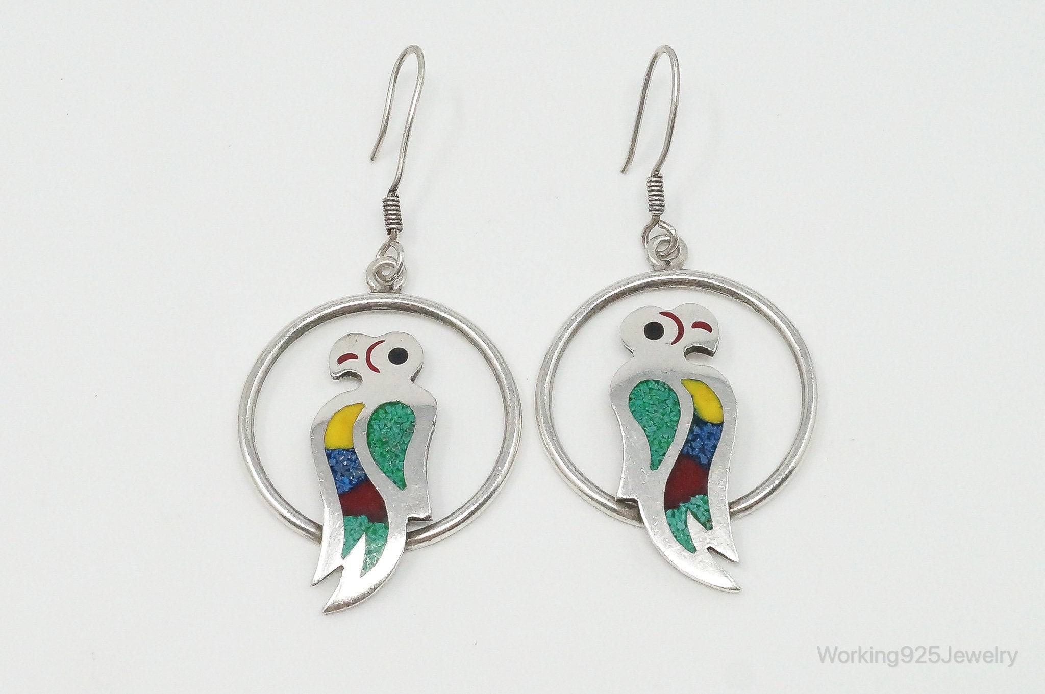 Vintage Handmade Mexico TC-255 Crushed Multi Gem Parot Sterling Silver Earrings