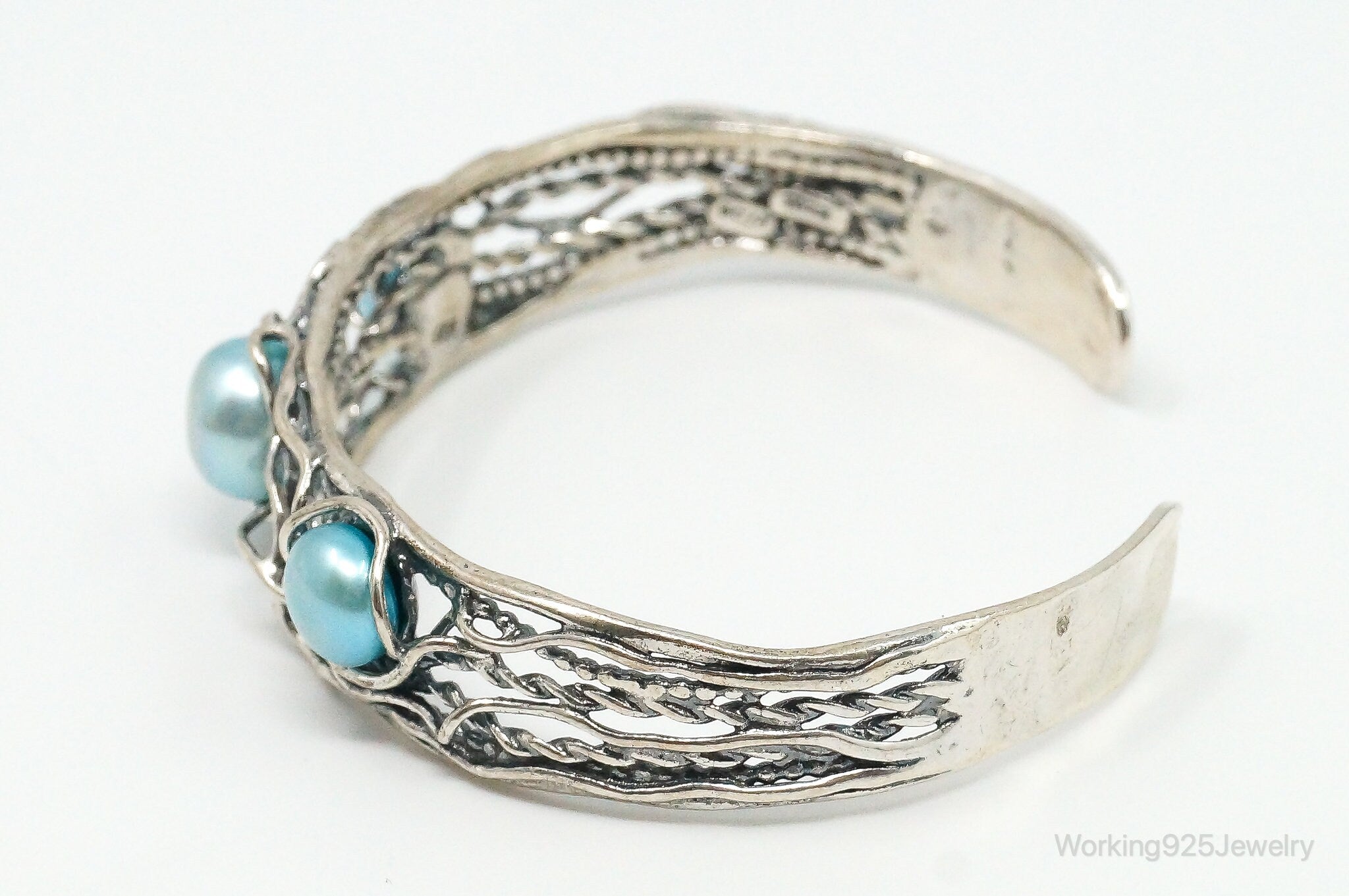 Vintage Designer Didae Blue Pearl Sterling Silver Cuff Bracelet