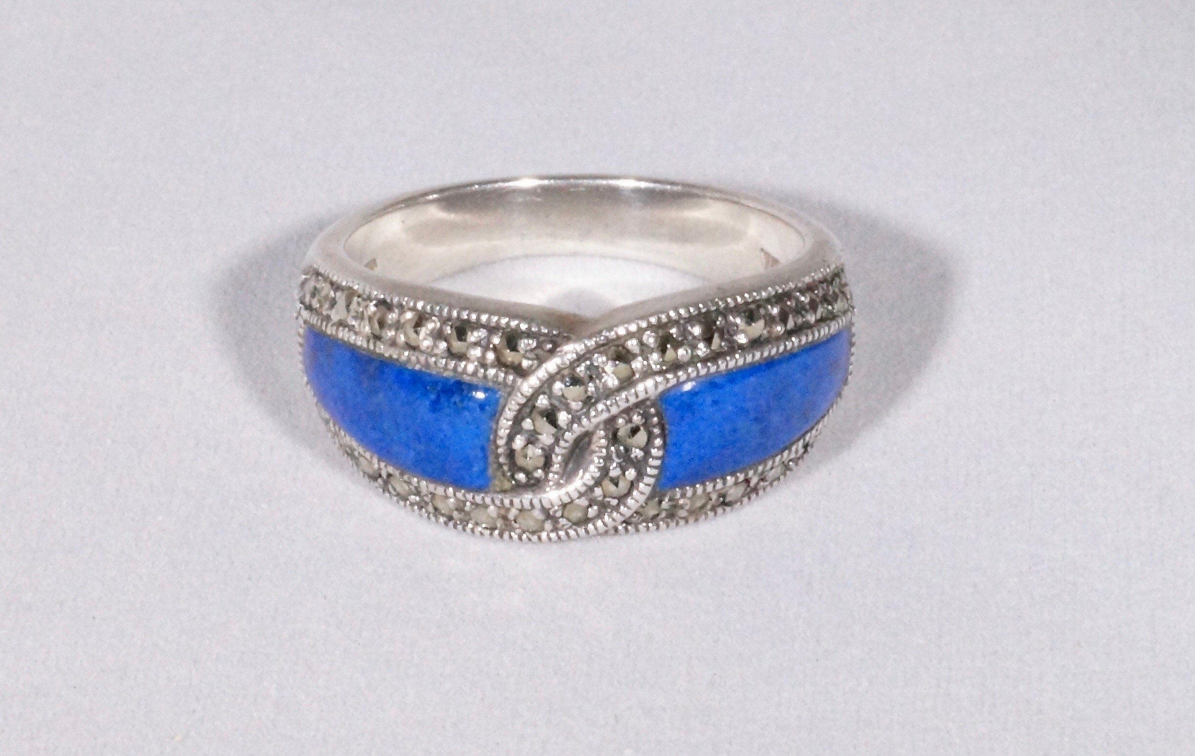 Vintage Lapis Lazuli Marcasite Sterling Silver Cocktail Ring - Size 10