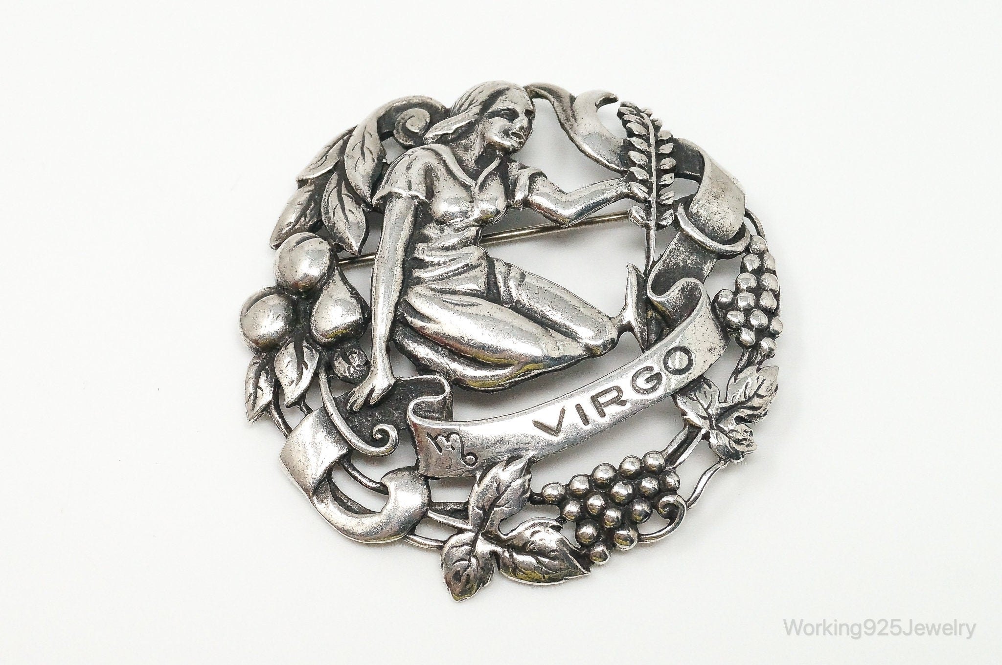 RARE Large Vintage Designer Peruzzi Zodiac VIRGO Sterling Silver Pin Brooch