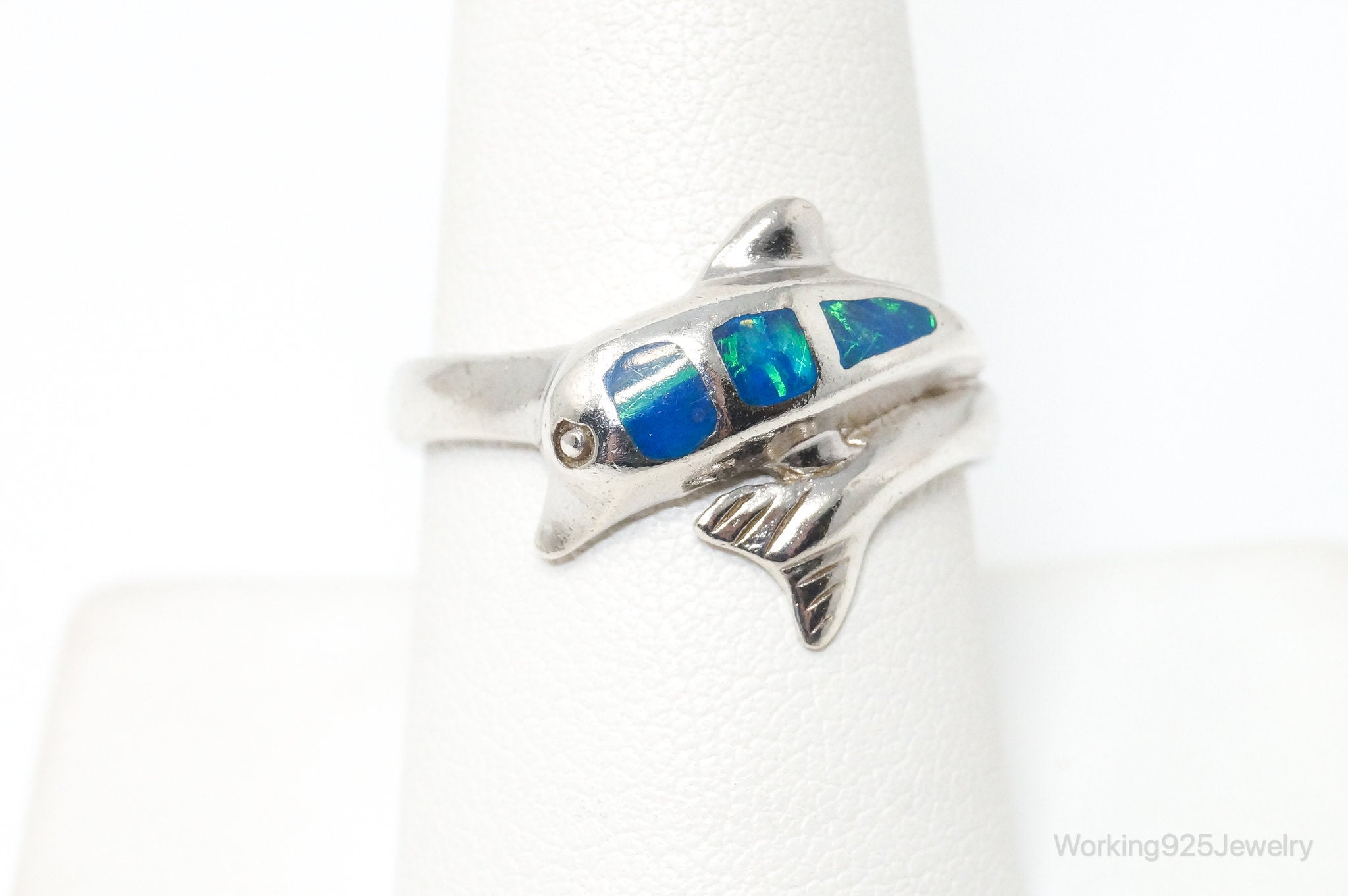 Vintage Blue Opal Dolphin Sterling Silver Ring - Size 8.5