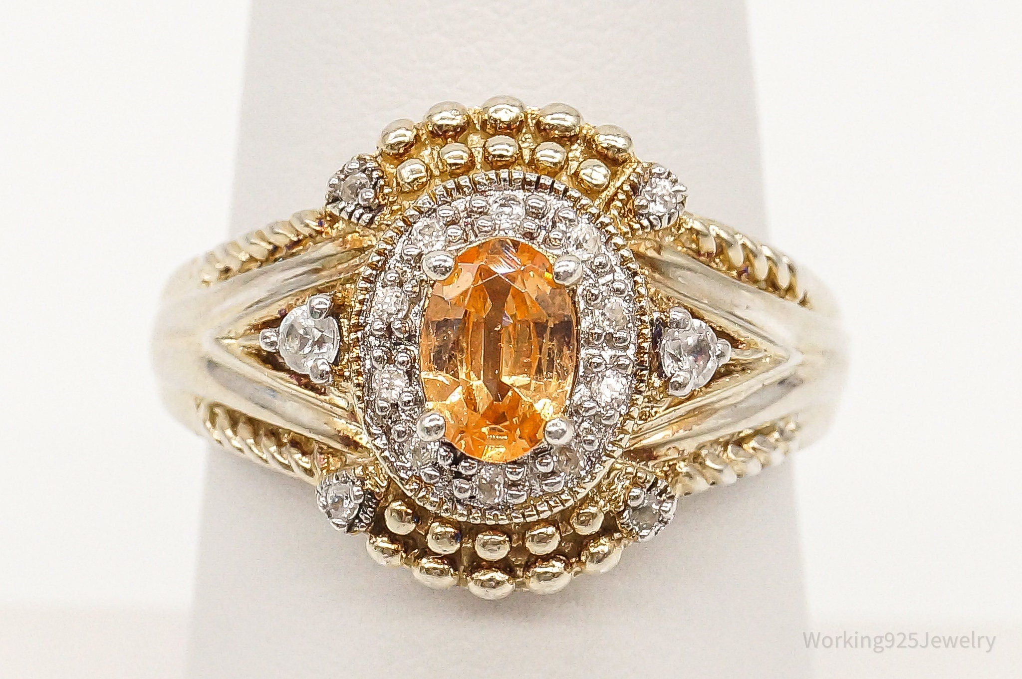 Designer Orange Topaz Cubic Zirconia Gold Vermeil Sterling Silver Ring - Size 7