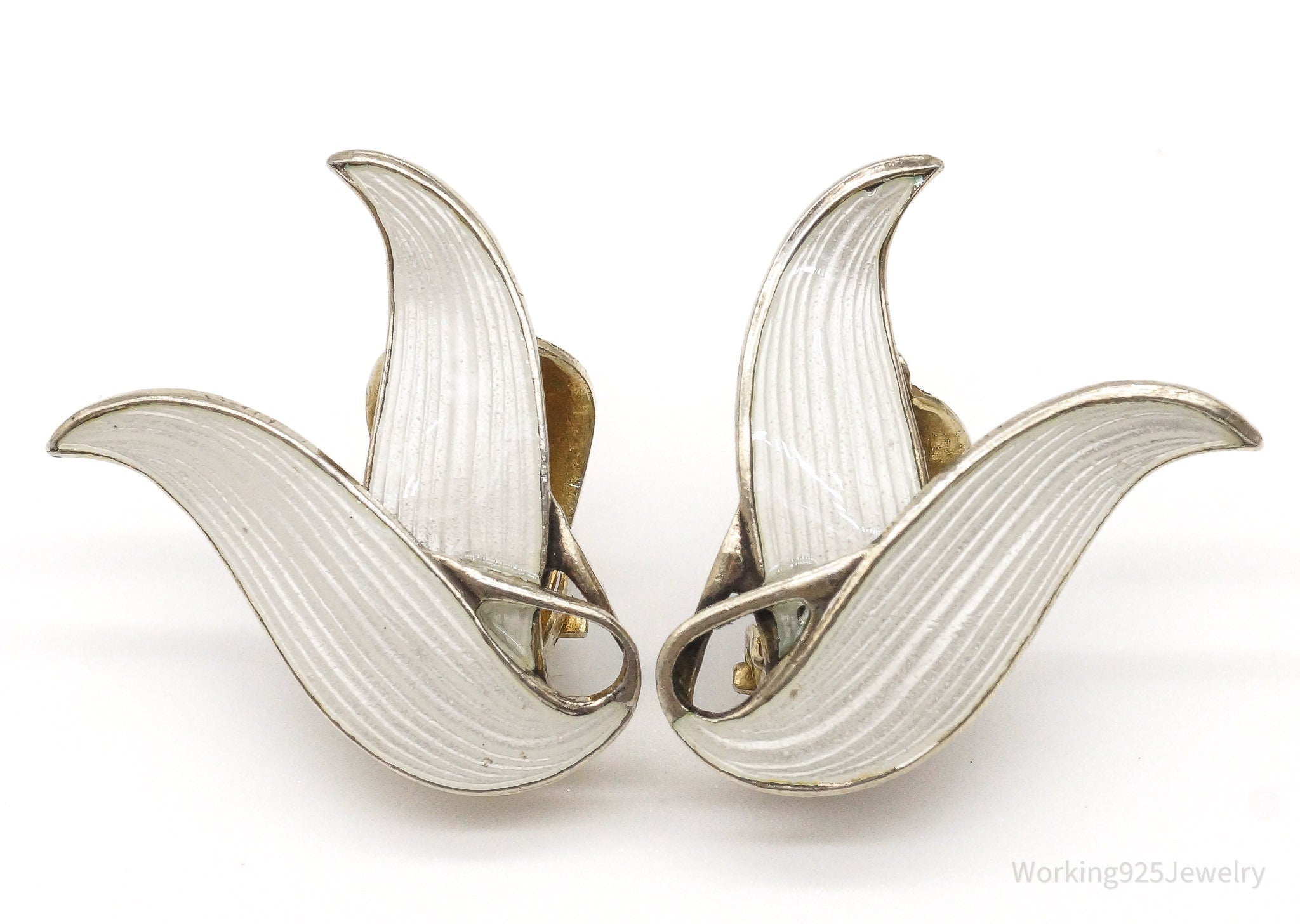 RARE VTG Modernist Finn Jensen Enamel Gold Wash Sterling Silver Clip On Earrings