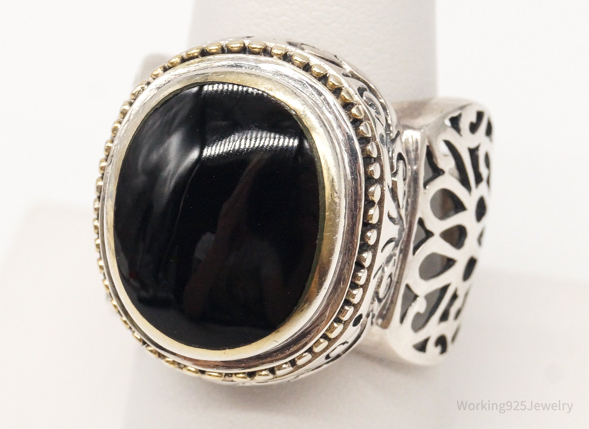 Vintage Designer FD Large Black Onyx Brass Sterling Silver Ring - Size 9