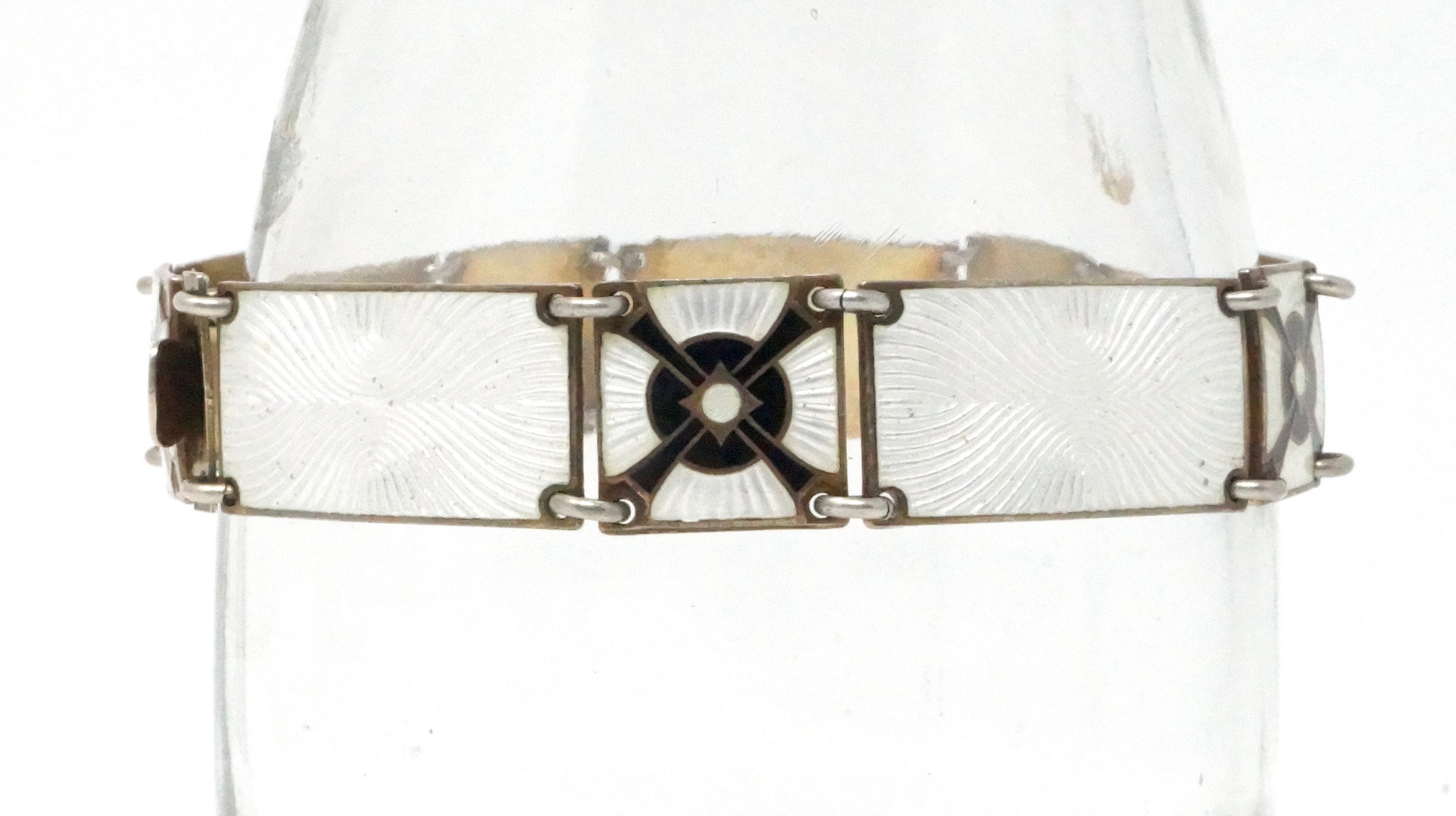 Kristian Hestenes Guilloche White Enamel Gold Panel Sterling Silver Bracelet