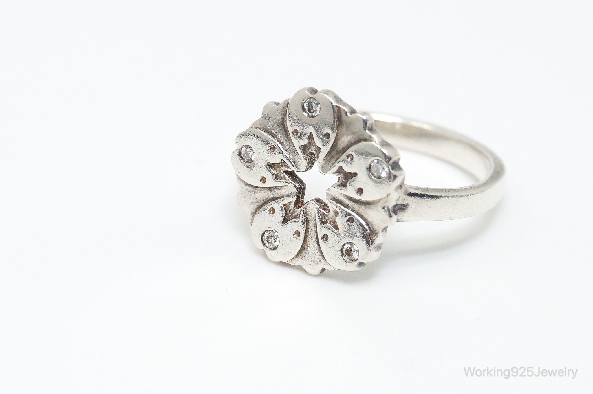 Vintage Cubic Zirconia Flower Sterling Silver Ring - Size 5.75