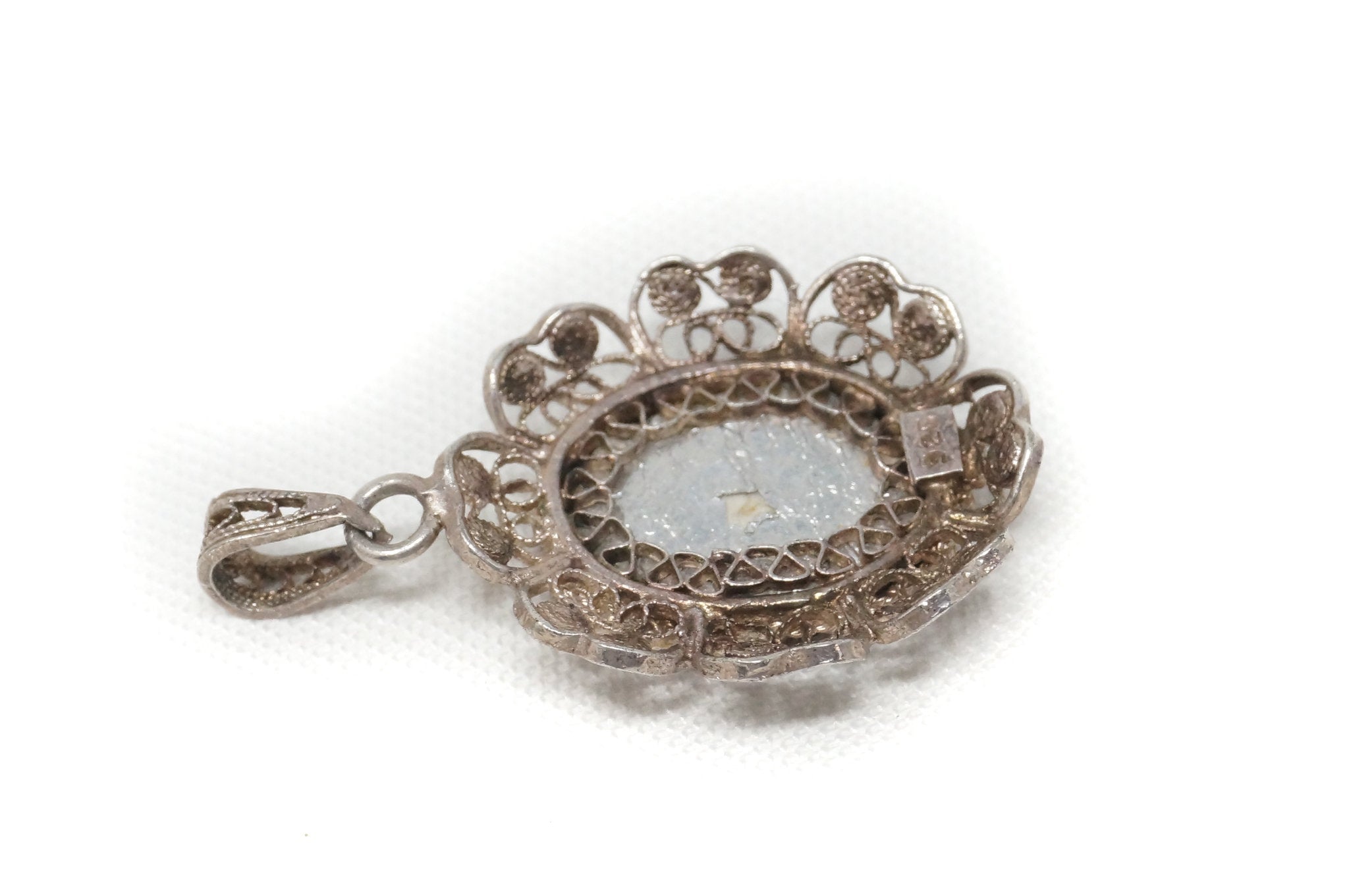 Antique Edwardian Woman Filigree Sterling Silver Necklace Pendant