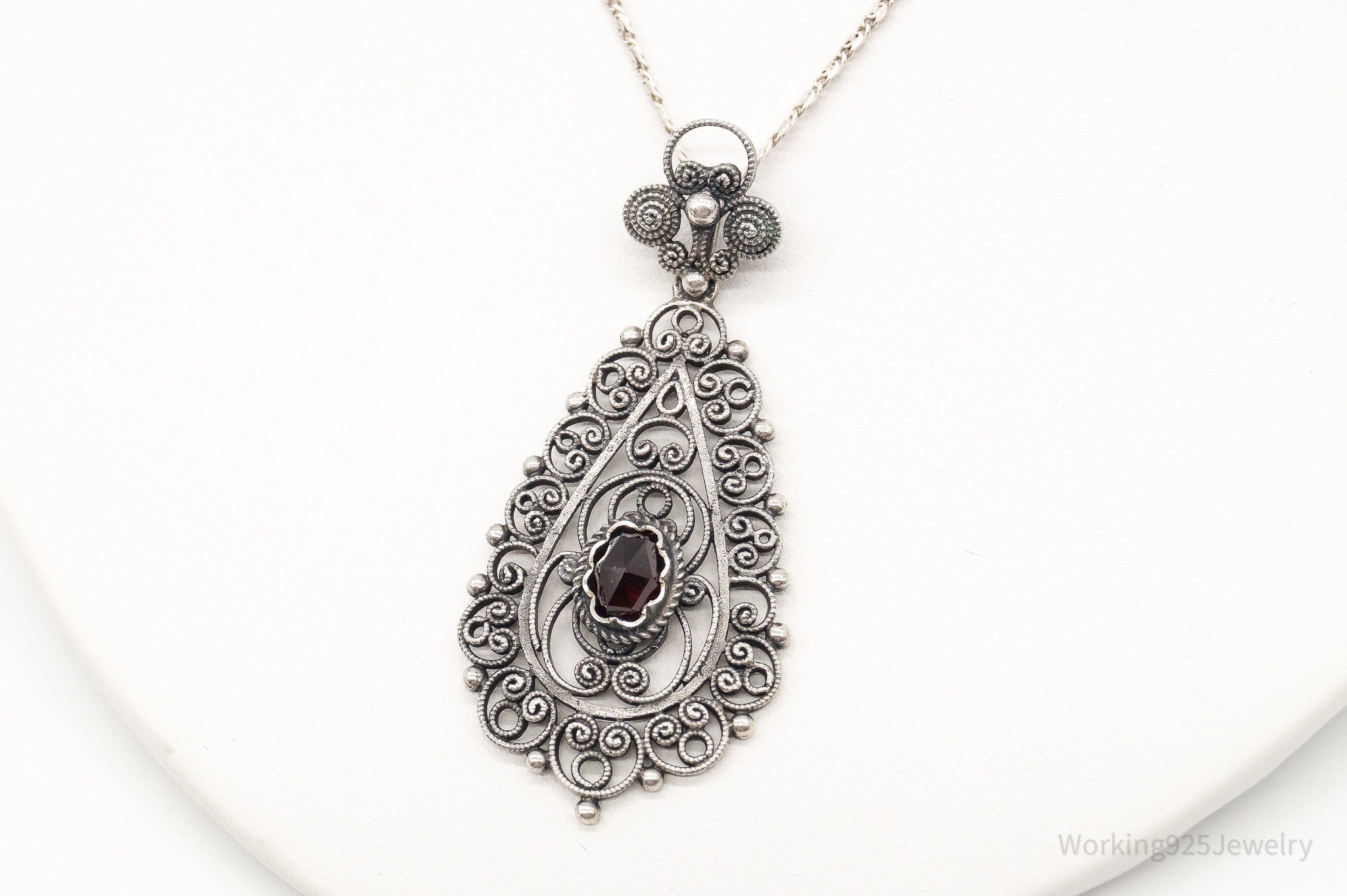 Vintage Garnet Filigree 835 Silver Necklace