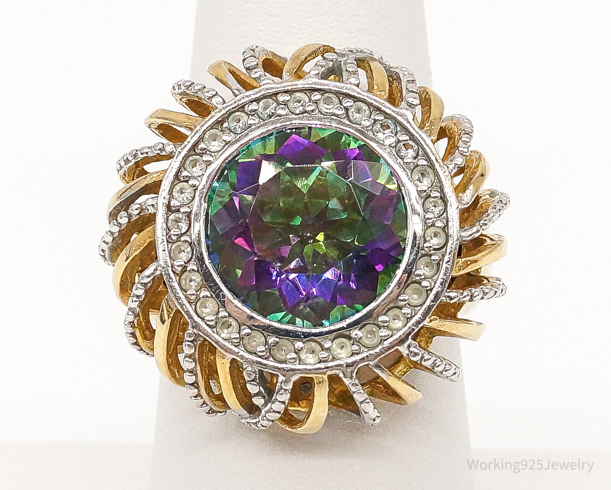 Designer RKS Large Mystic Topaz CZ Gold Vermeil Sterling Silver Ring Size 7