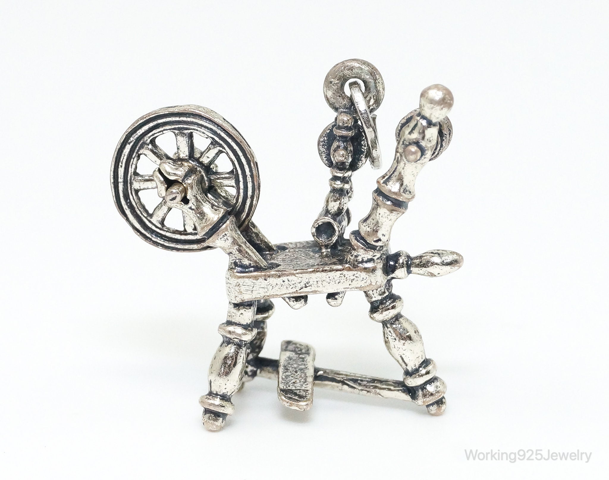 Rare Large VTG ATQ Beau Spinning Wheel Sterling Silver Charm Pendant