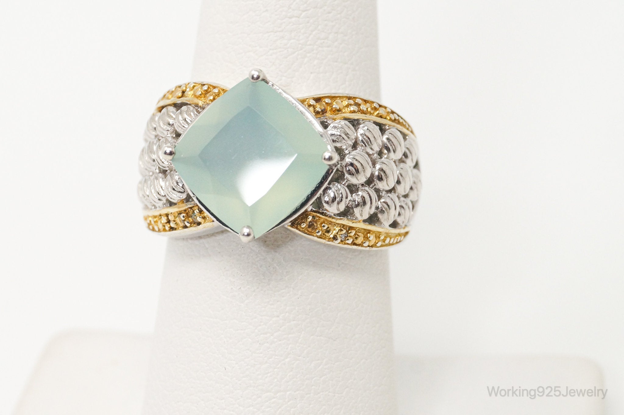 Vintage Designer Aqua Chalcedony Diamond Gold Vermeil Sterling Silver Ring Sz 7