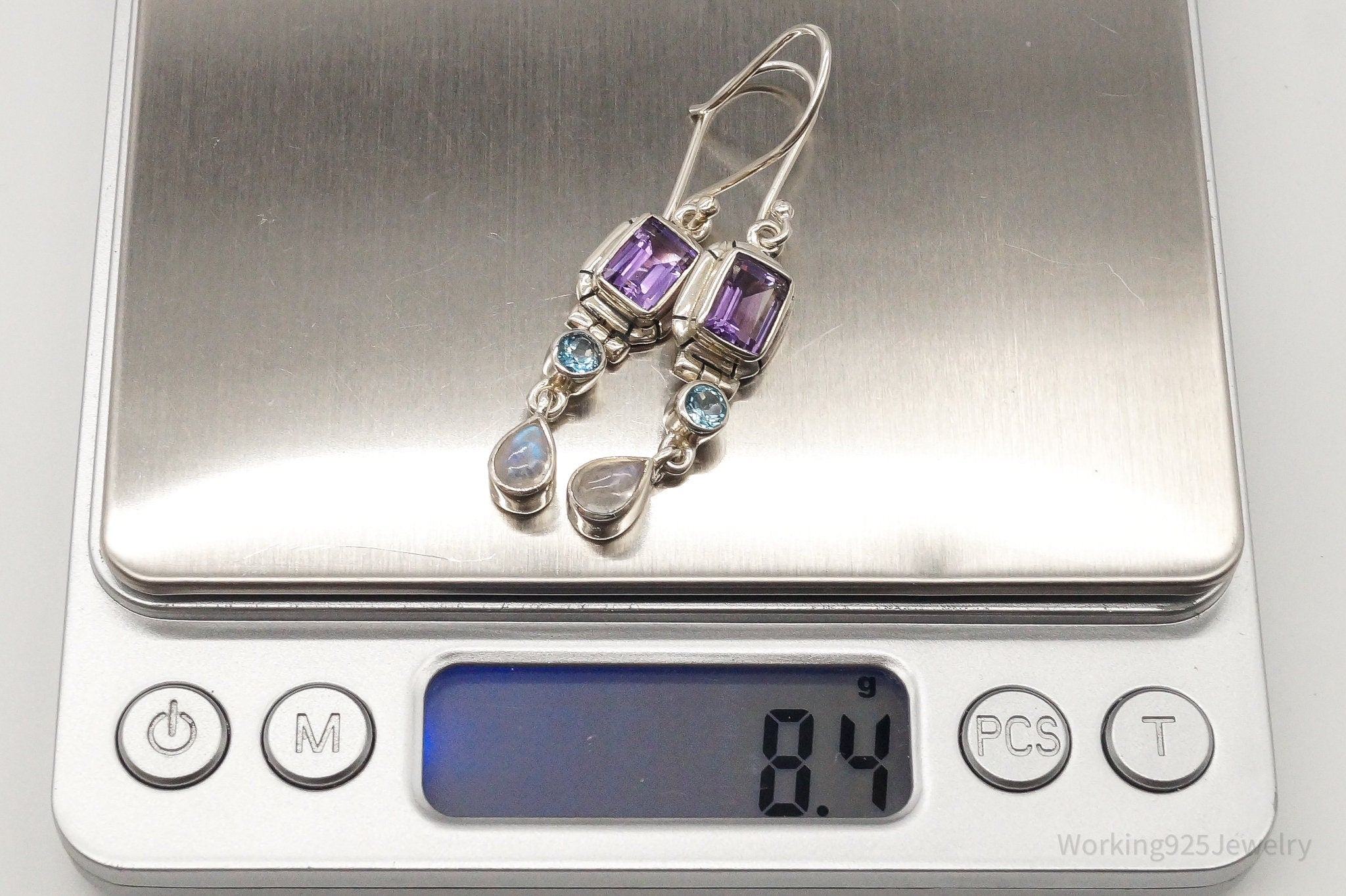 Vintage Amethyst Blue Topaz Moonstone Sterling Silver Earrings