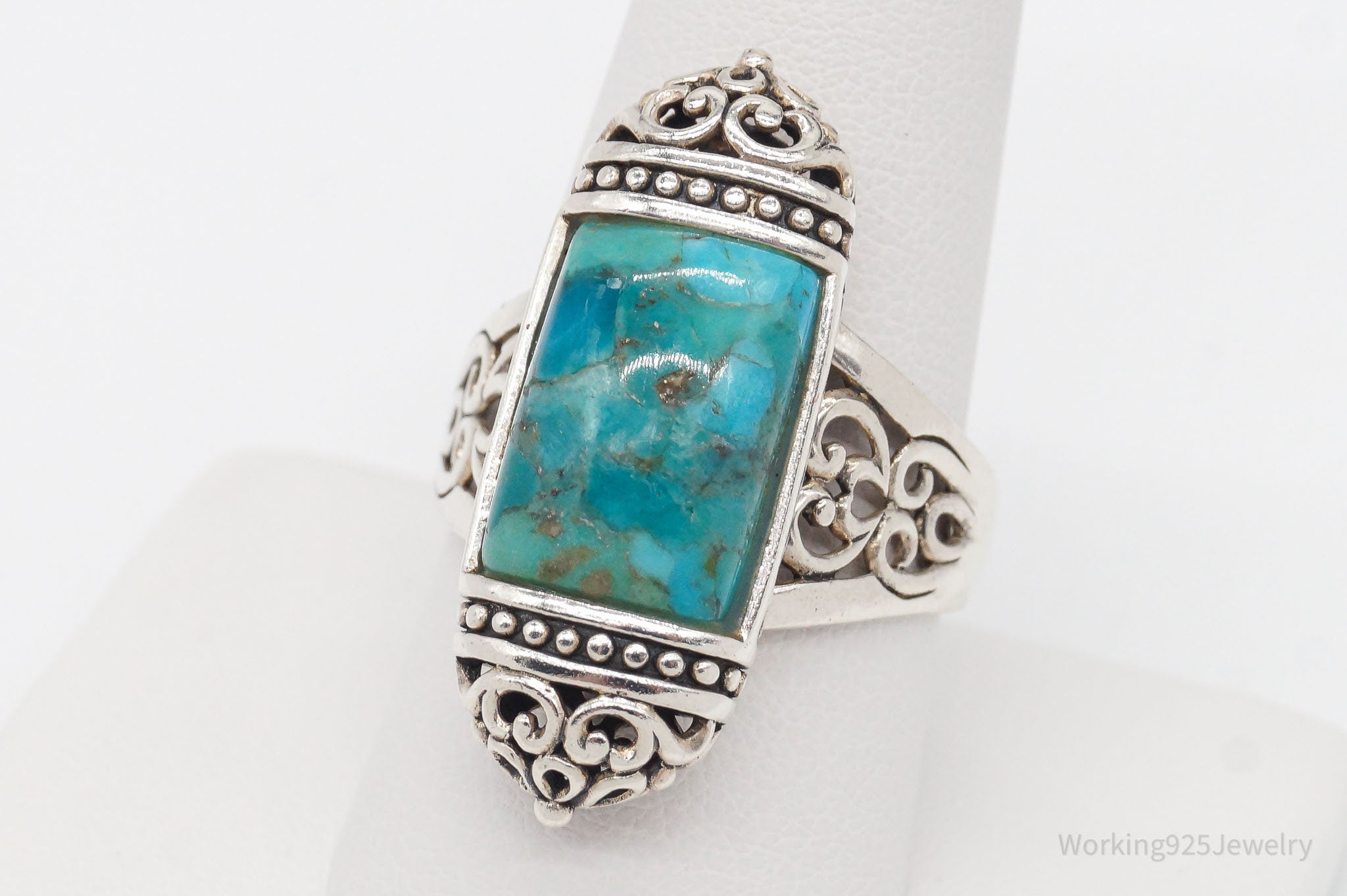 Designer BBJ Turquoise Filigree Sterling Silver Ring - Size 9.5