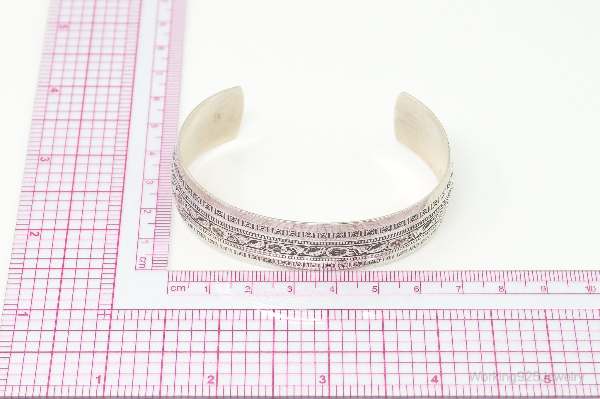 Vintage Designer Danecraft Sterling Silver Floral Wide Cuff Bracelet